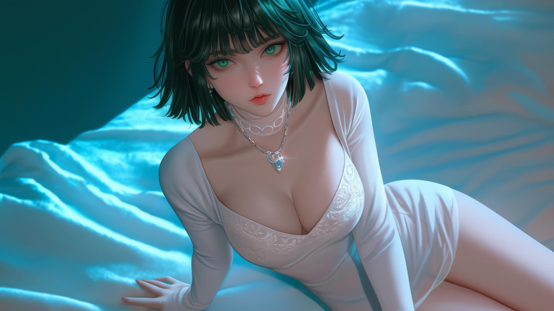Fubuki from One Punch Man, kneeling and looking up, in a softly glowing modern hotel room with neon lights.