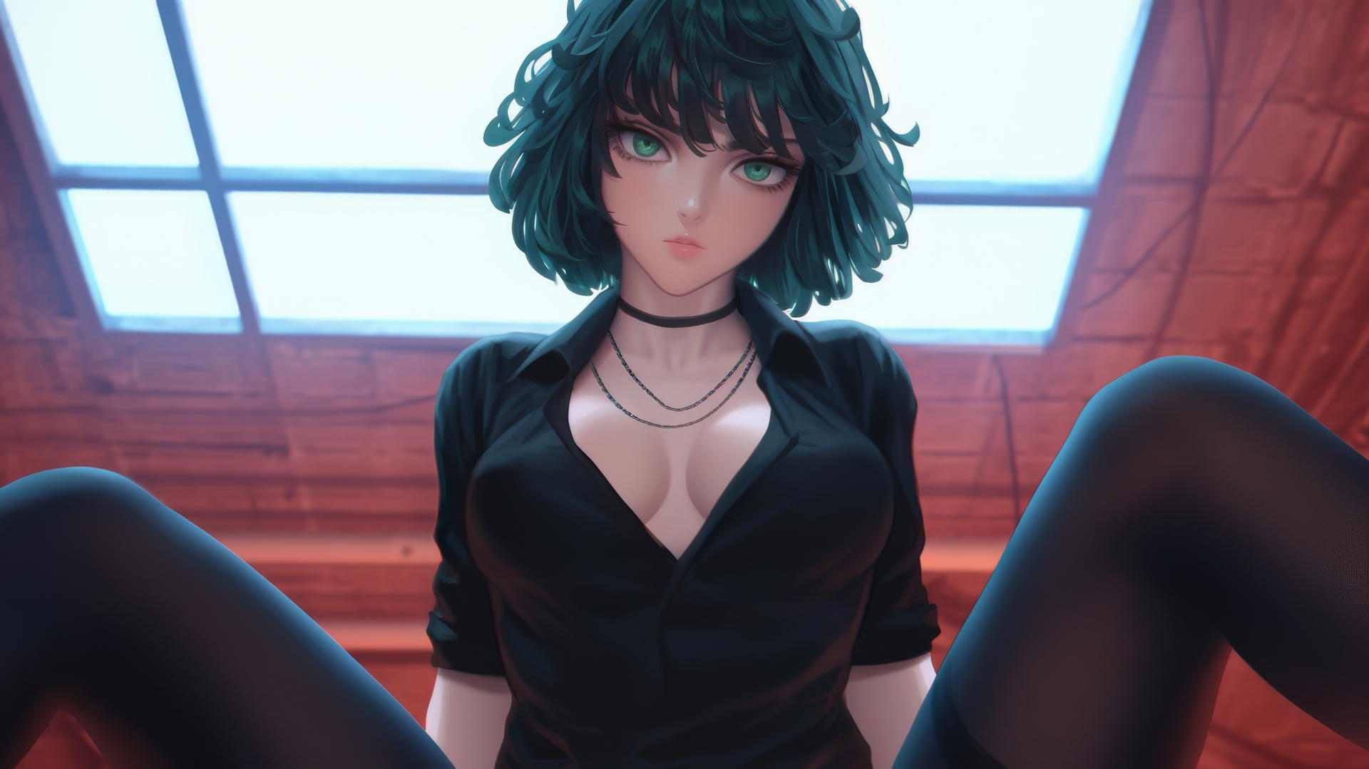 Fubuki from One Punch Man seen from below, kneeling, with hotel ceiling.
