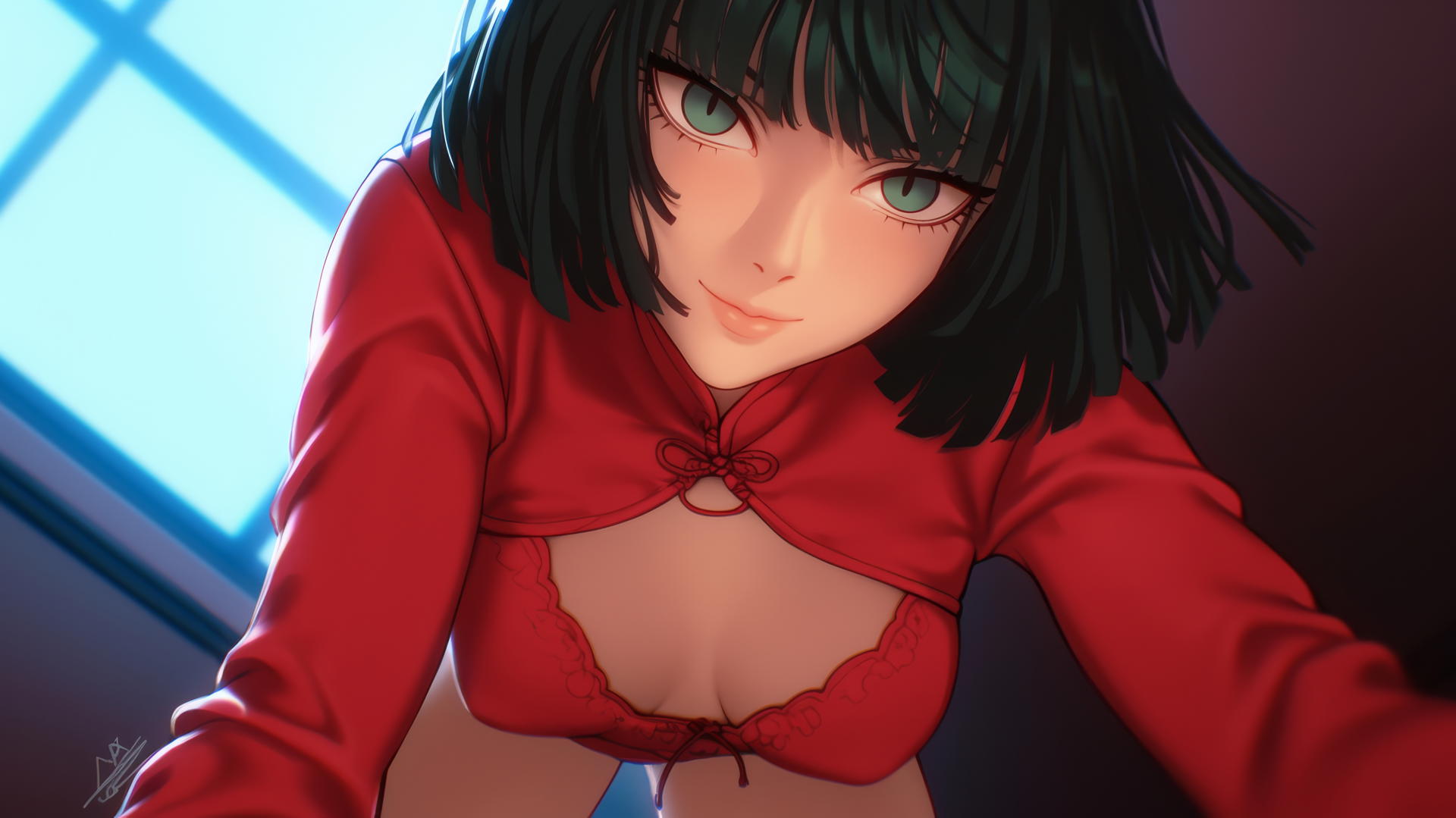 Fubuki from One Punch Man seen from below, wearing red, kneeling, smiling, dark green bob haircut, light green eyes, hotel ceiling with neon lights in background.