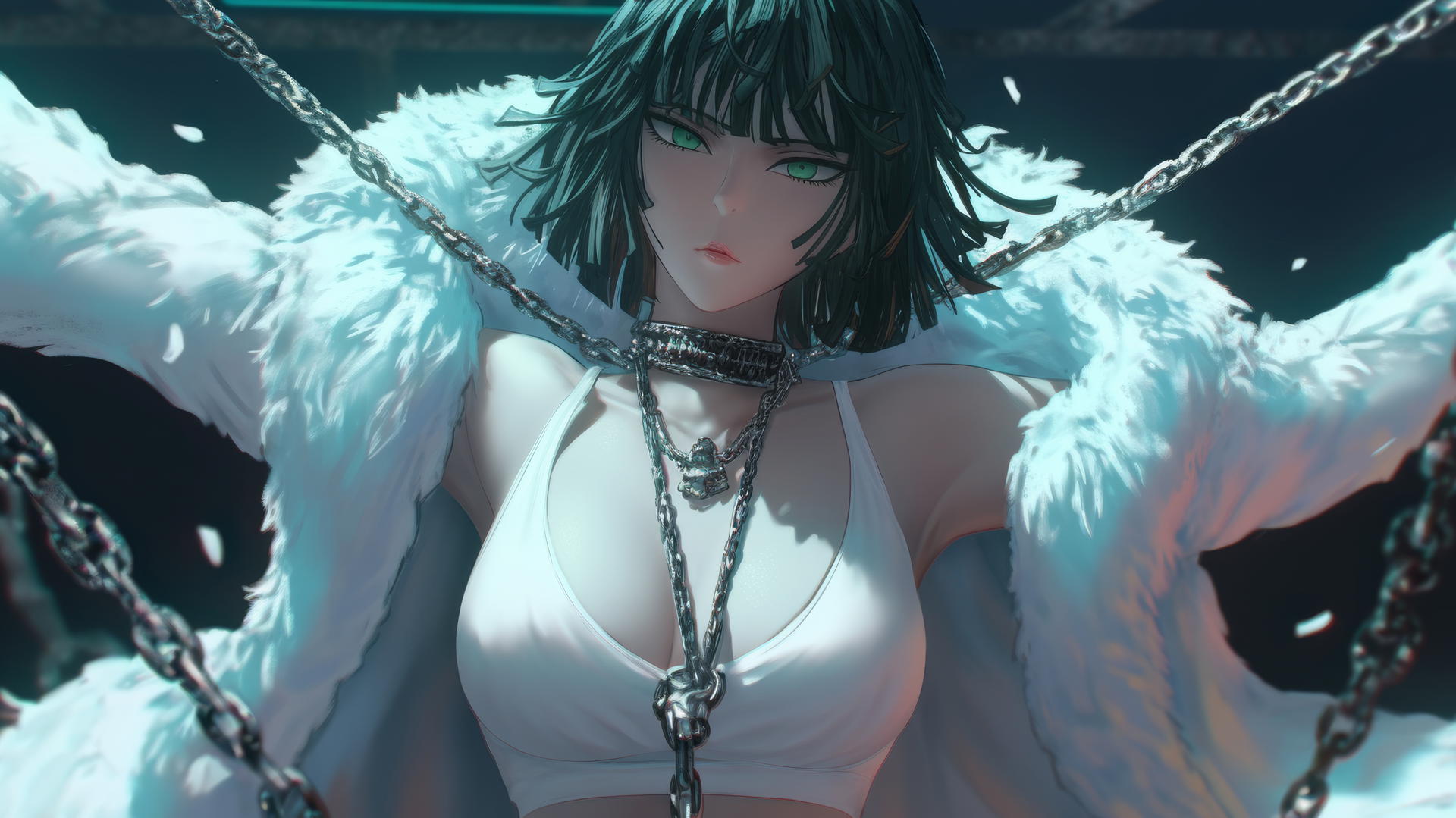 Fubuki from One Punch Man, kneeling, dark green bob hair, neon-lit hotel ceiling, chains.