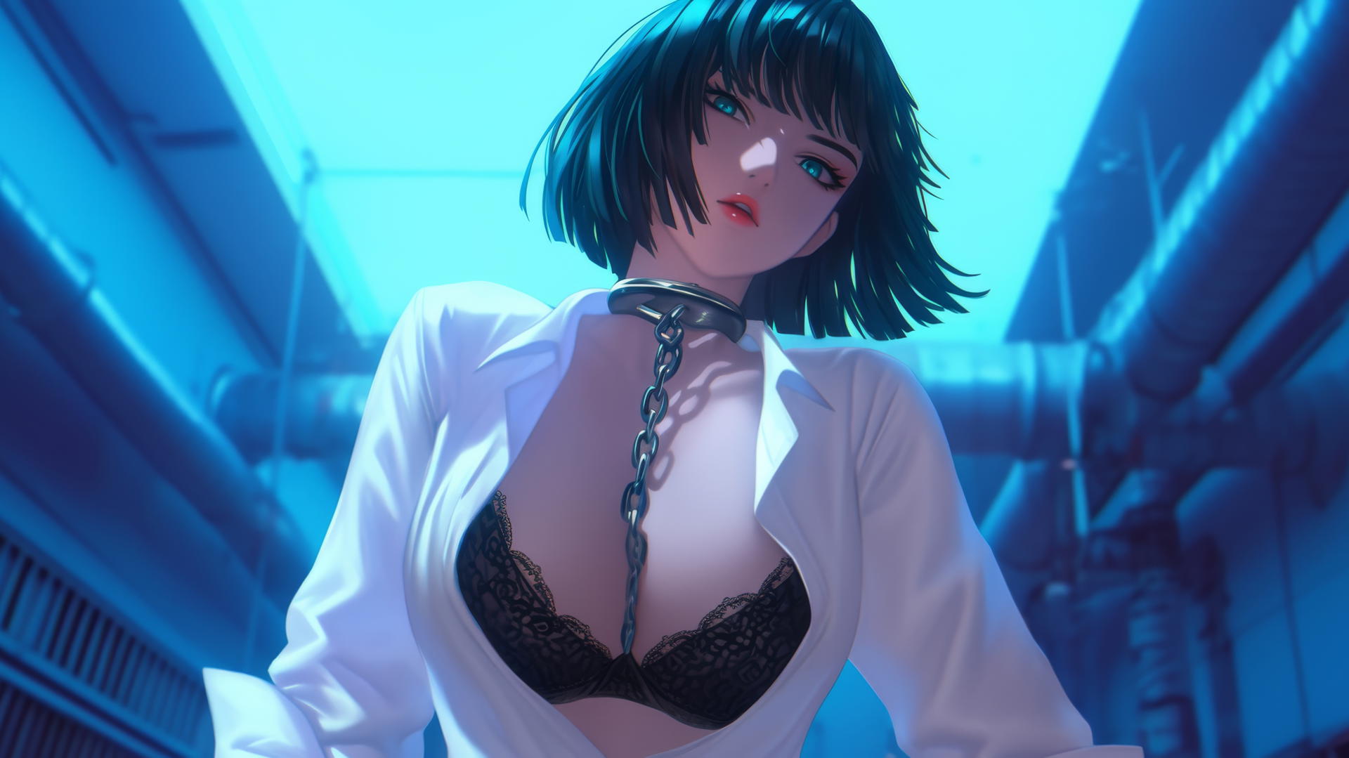 Fubuki from One Punch Man in a white office shirt, kneeling, with chains, and dark green bobbed hair, under a neon-lit hotel ceiling.