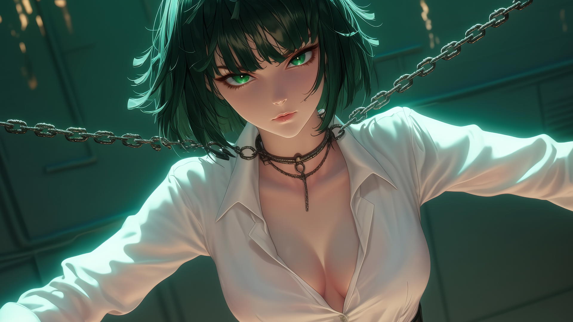 Fubuki from One Punch Man, seen from below, in white office shirt, hotel ceiling background, dark green hair, light green eyes, chains.