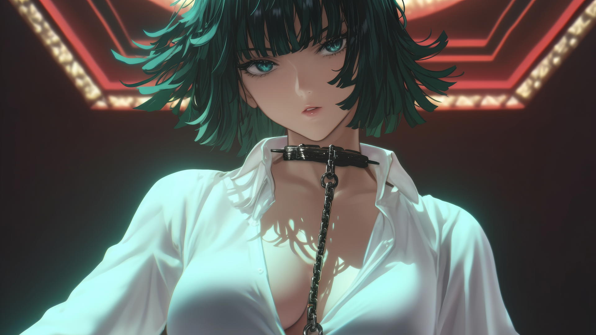 Fubuki from One Punch Man in a white office shirt, kneeling, chains, dark green bob hair, light green eyes, neon-lit hotel ceiling.