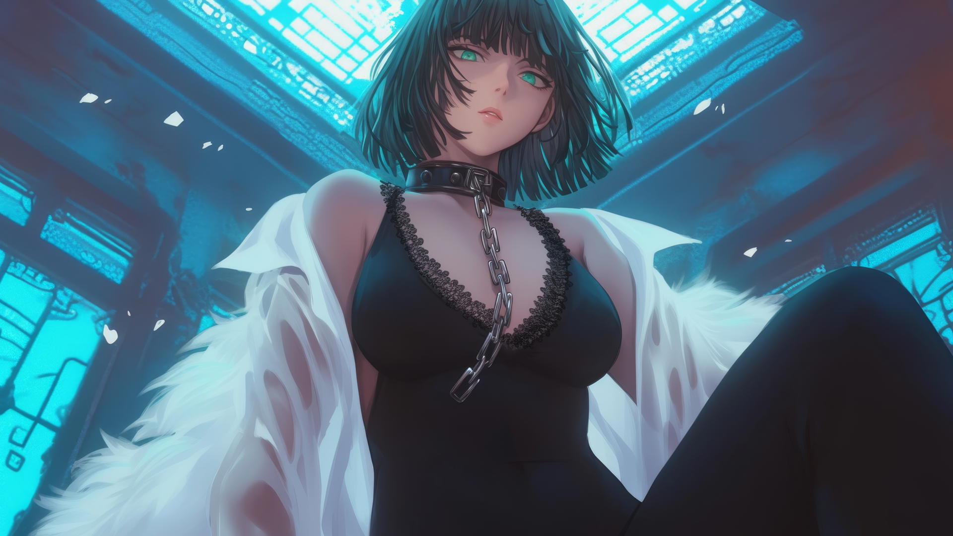 Fubuki from One Punch Man kneeling, wearing white, with a hotel ceiling background, chains, dark green bob hair, light green eyes, neon ceiling light glow.