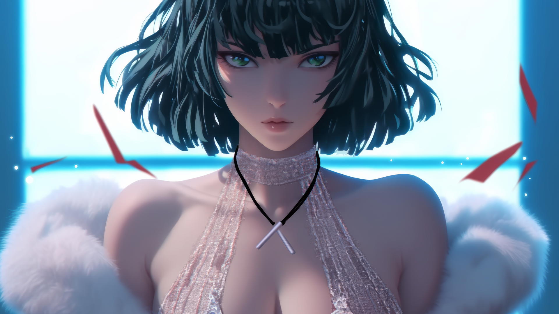 Fubuki from One Punch Man, white attire, dark green bob hair, light green eyes, neon-lit room.