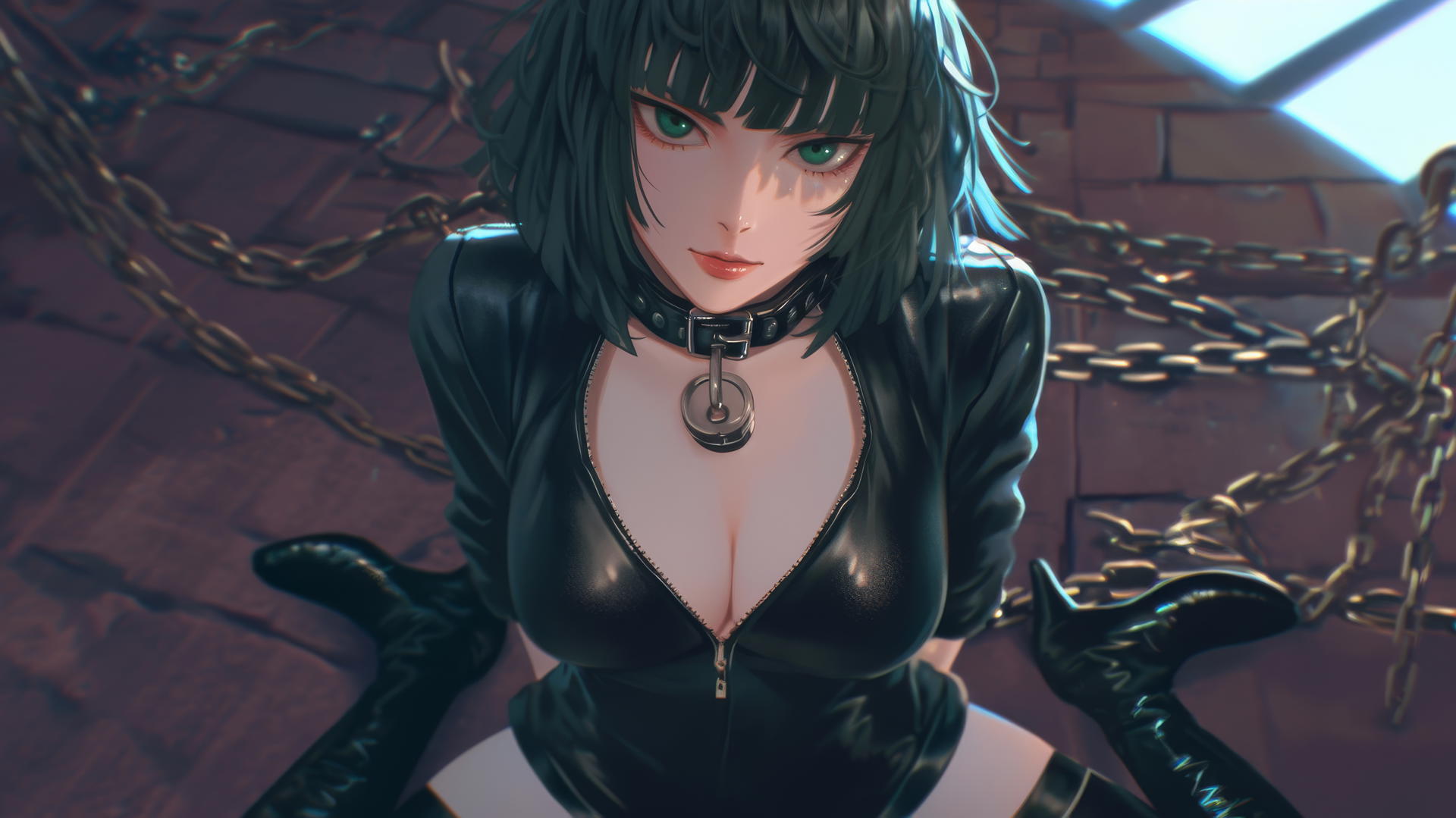 Fubuki from One Punch Man kneeling, chained, in neon-lit hotel room.