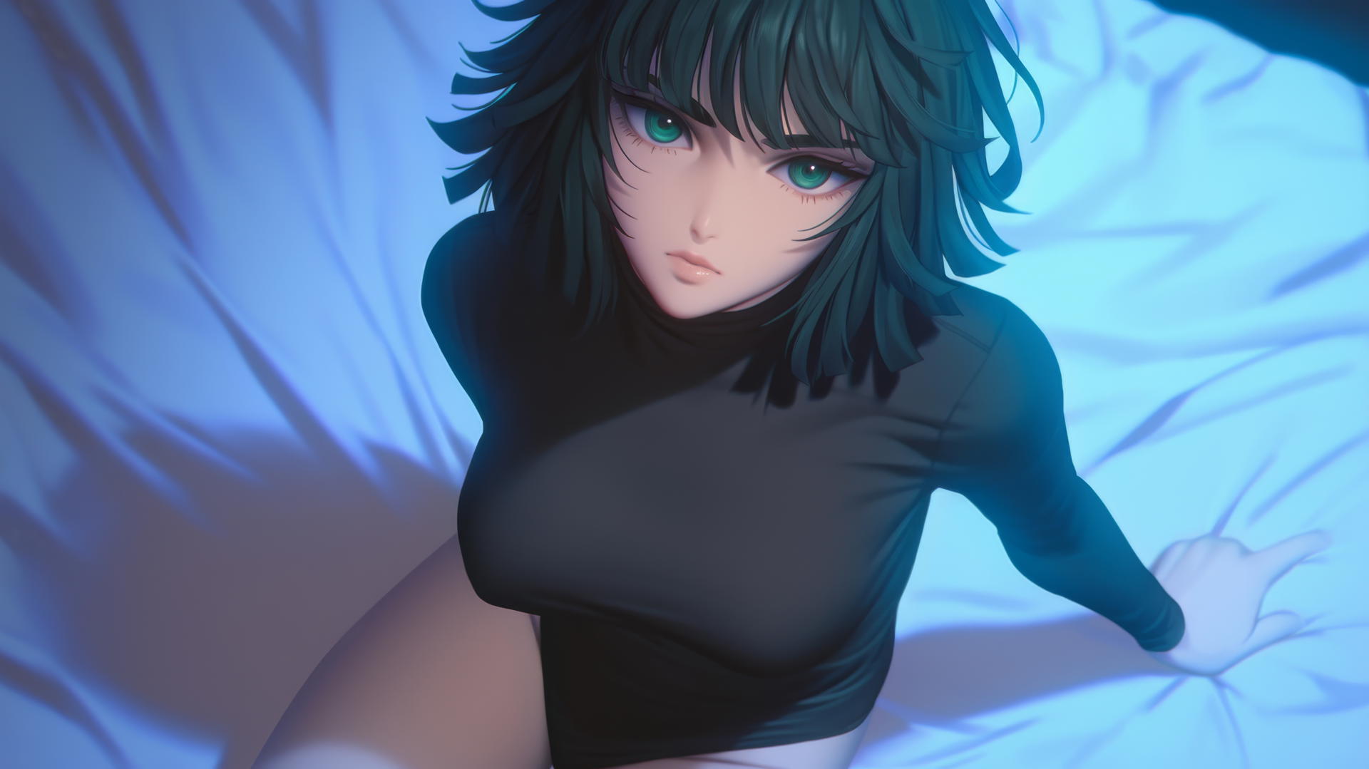 Fubuki from One Punch Man kneeling and looking up, neon hotel light, green hair, green eyes.