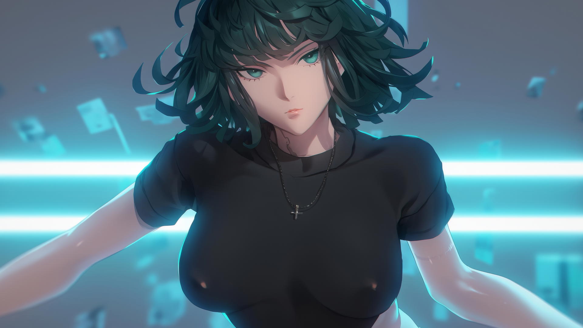 Fubuki from One Punch Man kneeling, looking down with dark green bob, light green eyes, neon-lit hotel ceiling background.