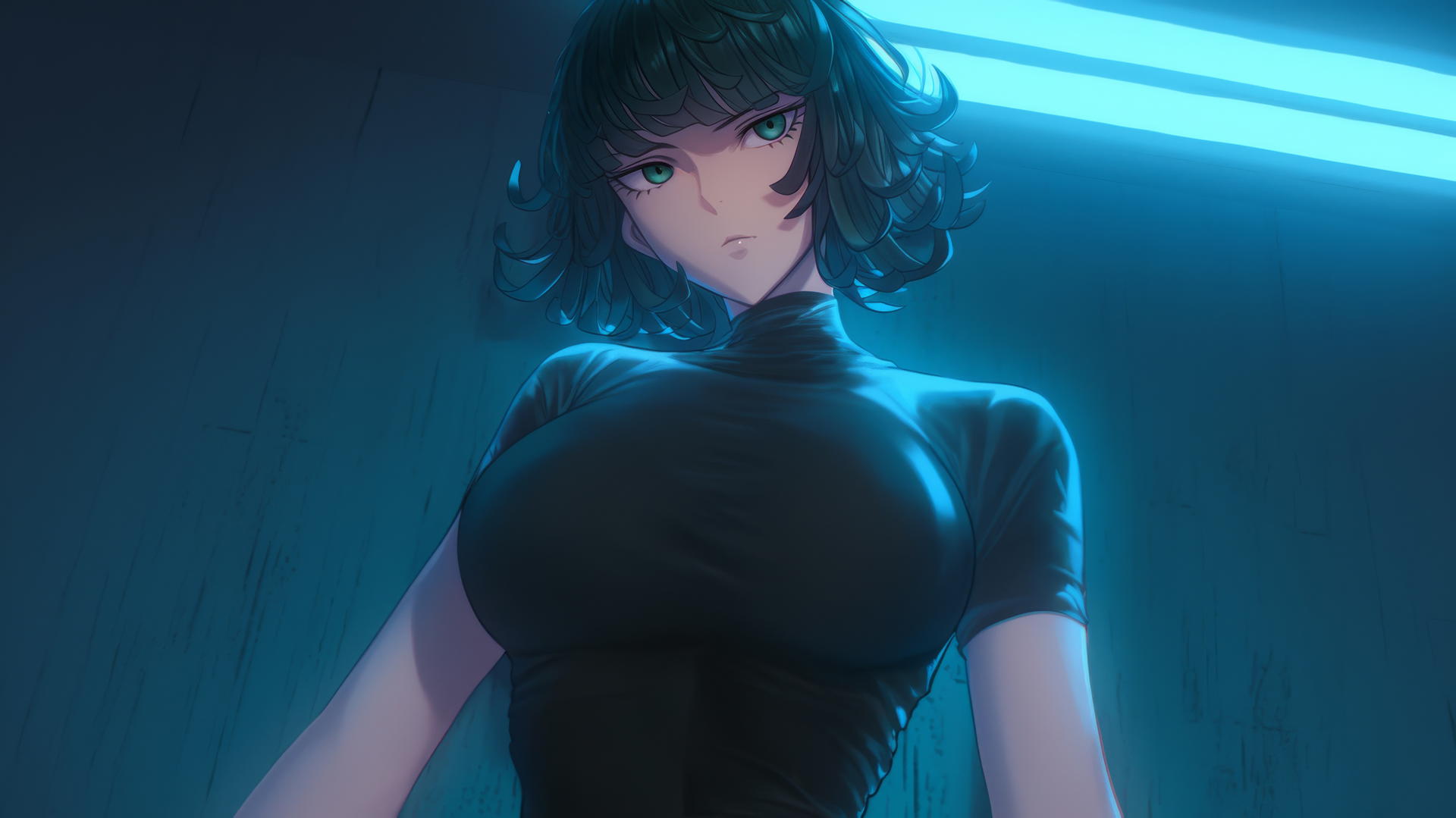 Fubuki from One Punch Man seen from below wearing a T-shirt, with hotel ceiling background, dark green hair, light green eyes.