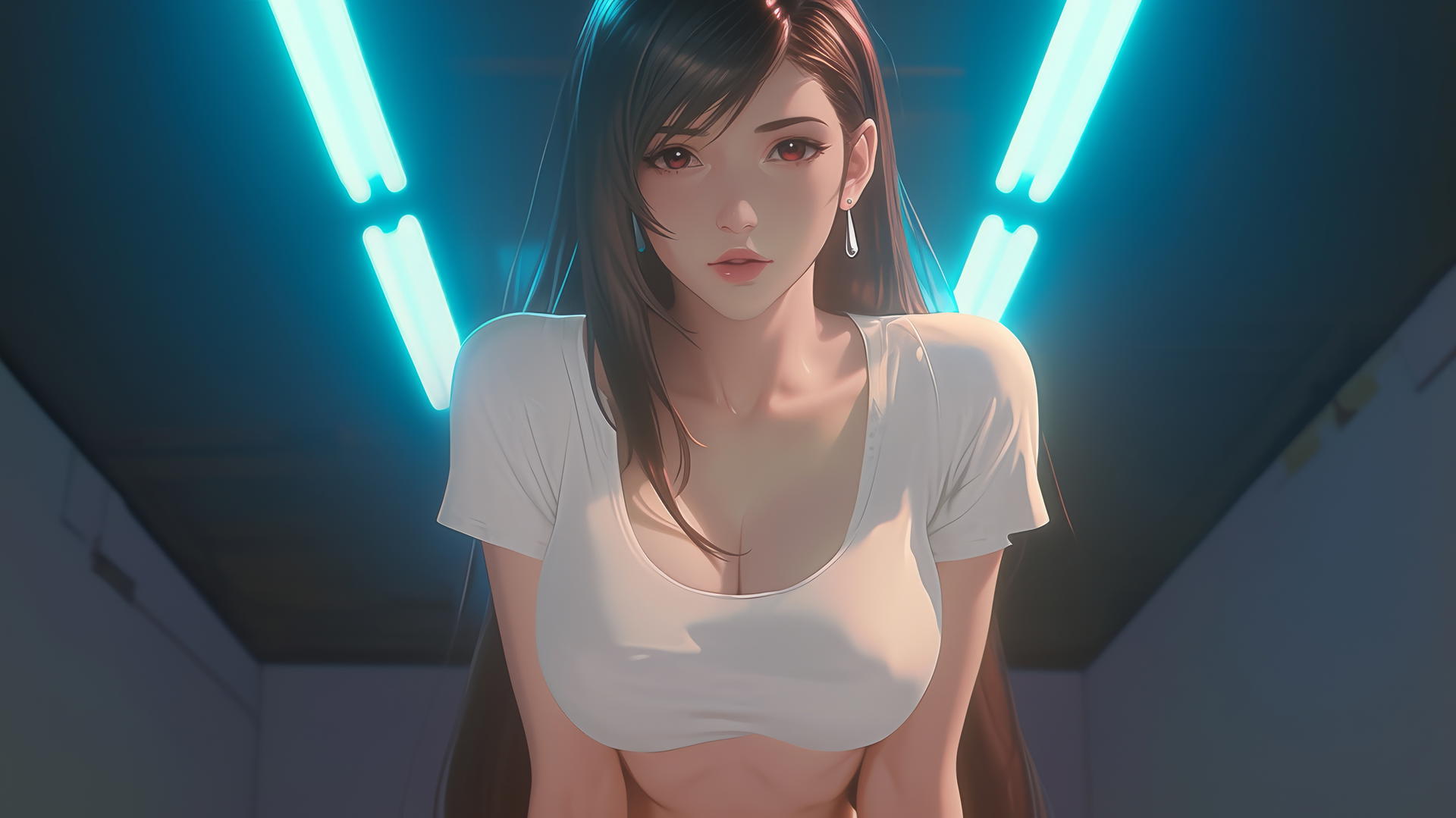 Tifa Lockhart from Final Fantasy kneeling, looking down, in a broken white t-shirt under neon-lit hotel ceiling.