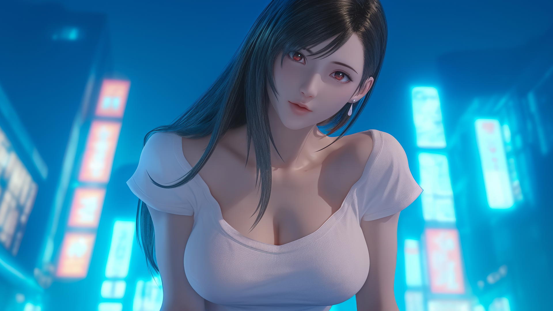 Tifa Lockhart in a broken white T-shirt, seen from below, with a hotel ceiling and neon light.