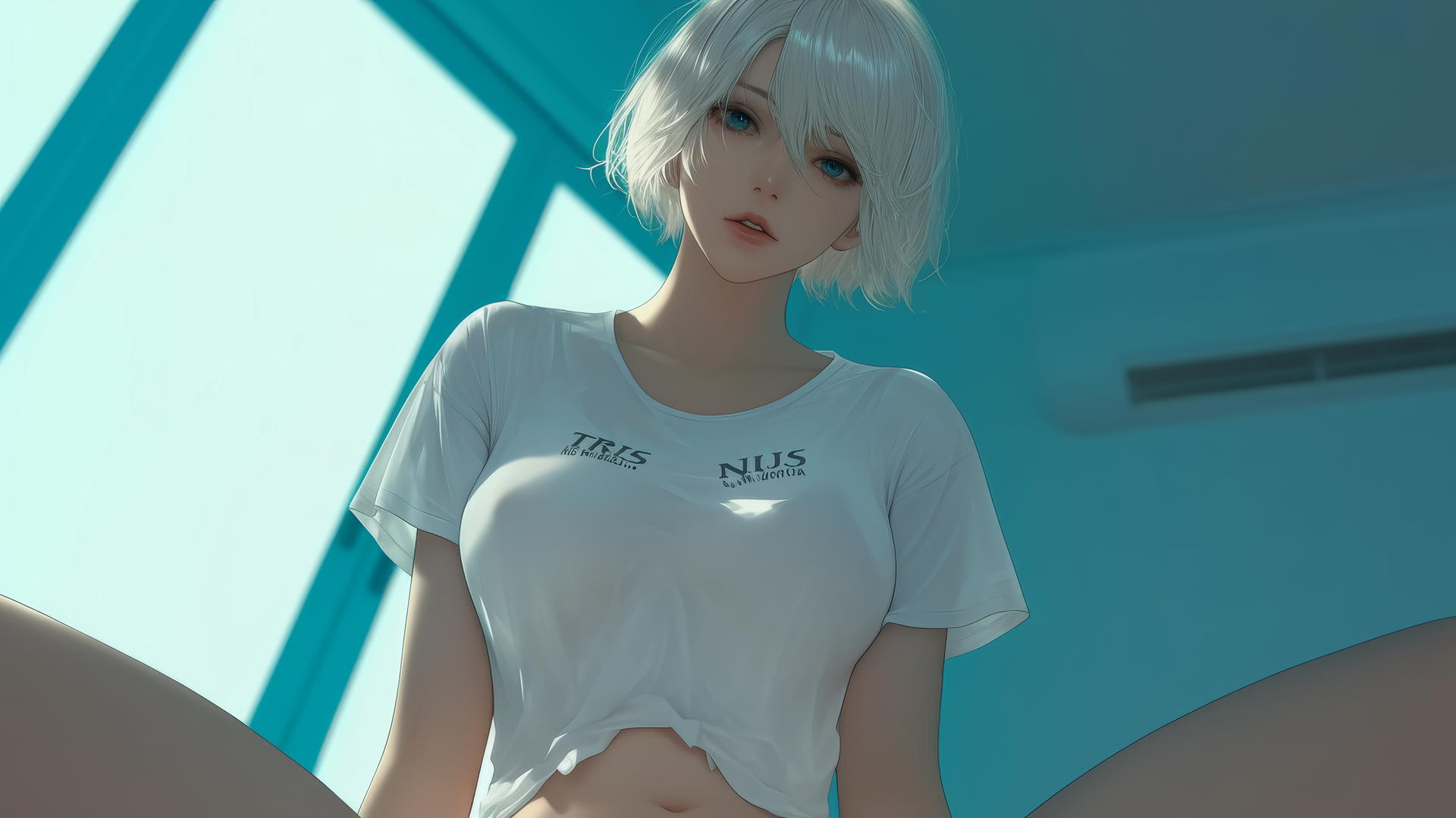 2B from Nier kneeling, wearing a broken white t-shirt, under hotel ceiling with neon lights.
