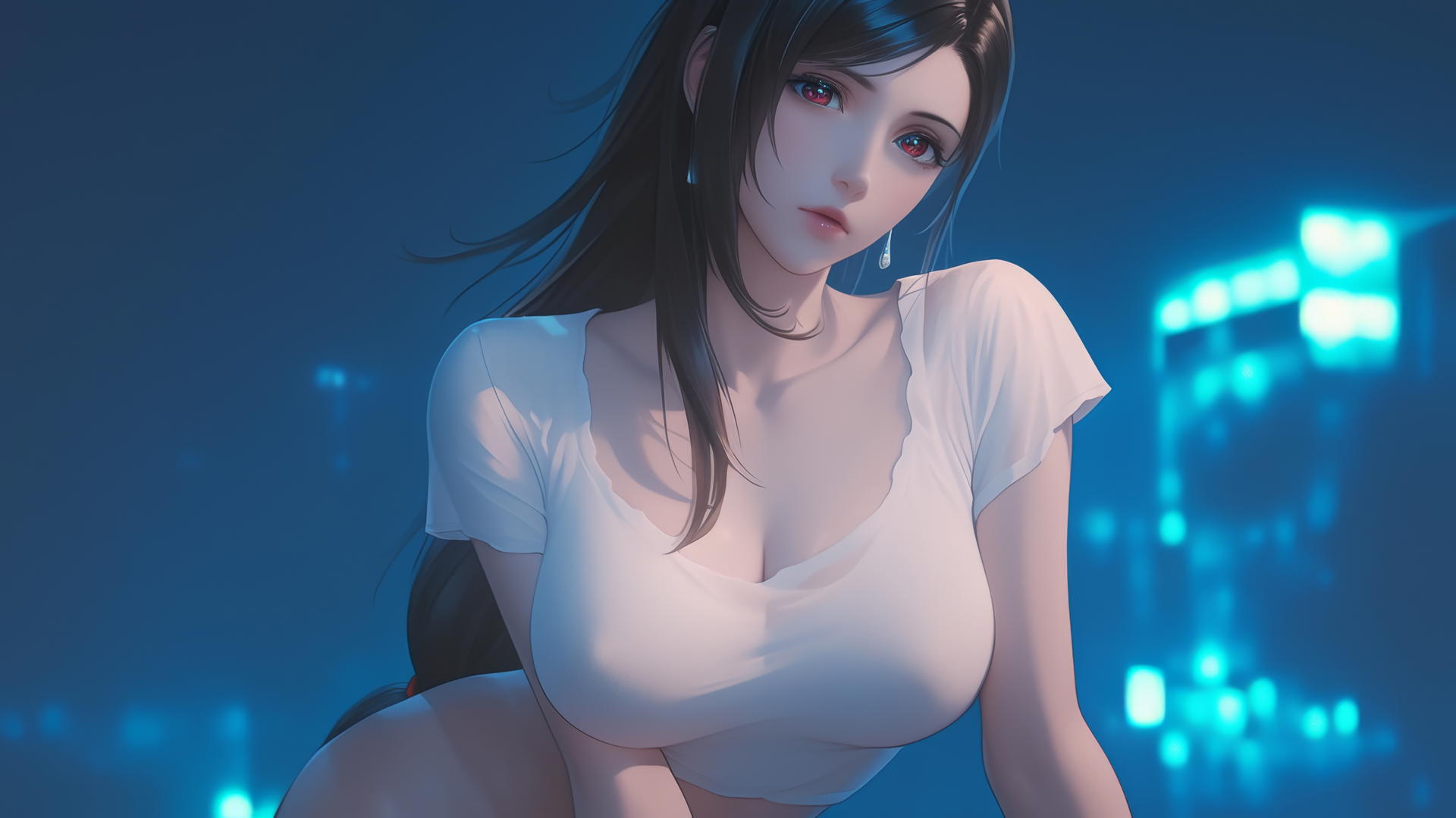 Tifa Lockhart in a broken white t-shirt kneeling under a hotel ceiling with neon lights.