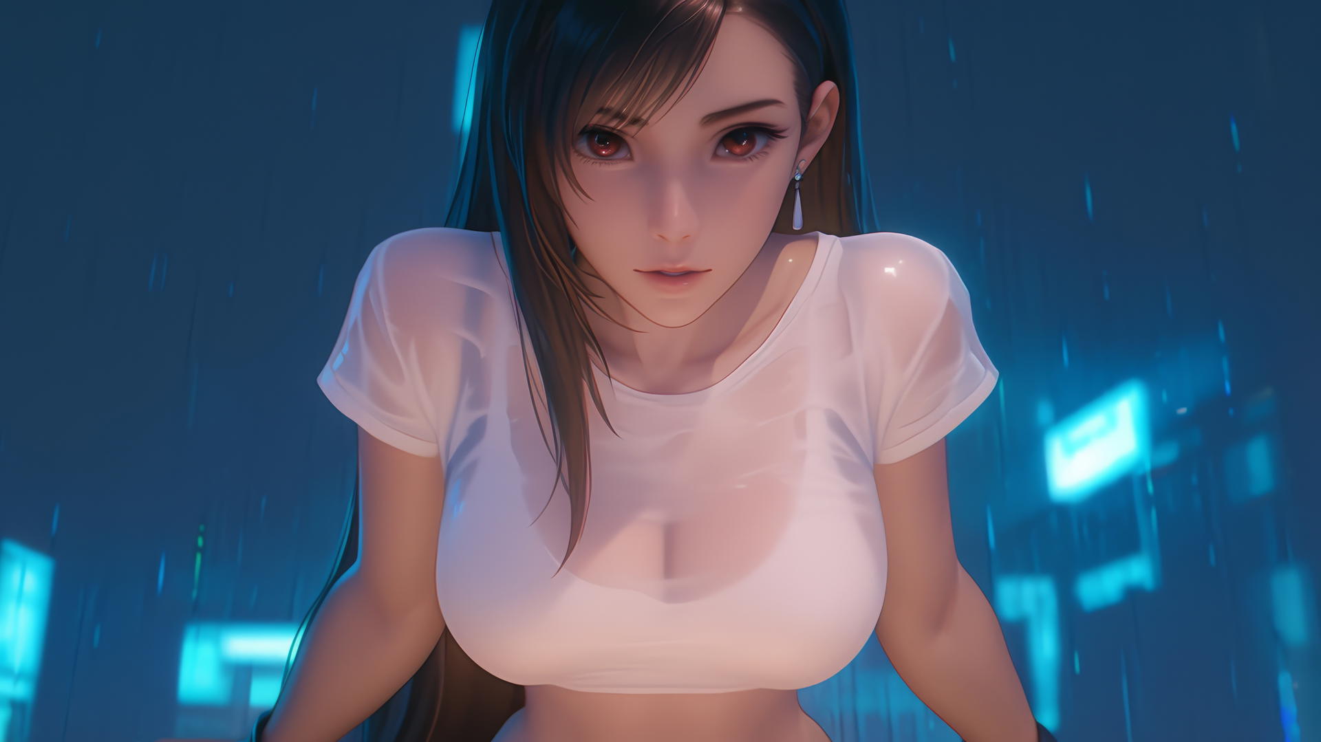 Tifa Lockhart in a broken white T-shirt, seen from below, with hotel ceiling and neon lights.