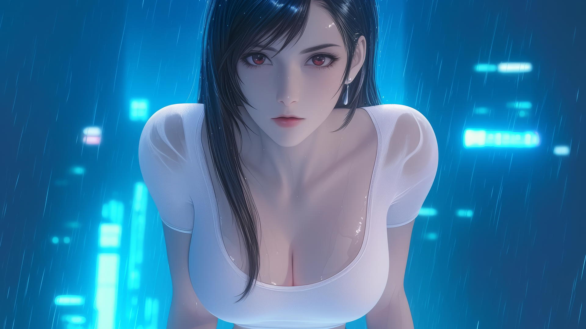 Tifa Lockhart in a broken white t-shirt, kneeling, looking down with a hotel ceiling background.