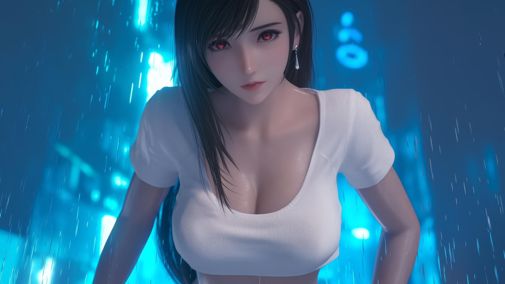 Tifa Lockhart in a broken white t-shirt kneeling and leaning forward, under a neon-lit hotel ceiling, with a soft glow.