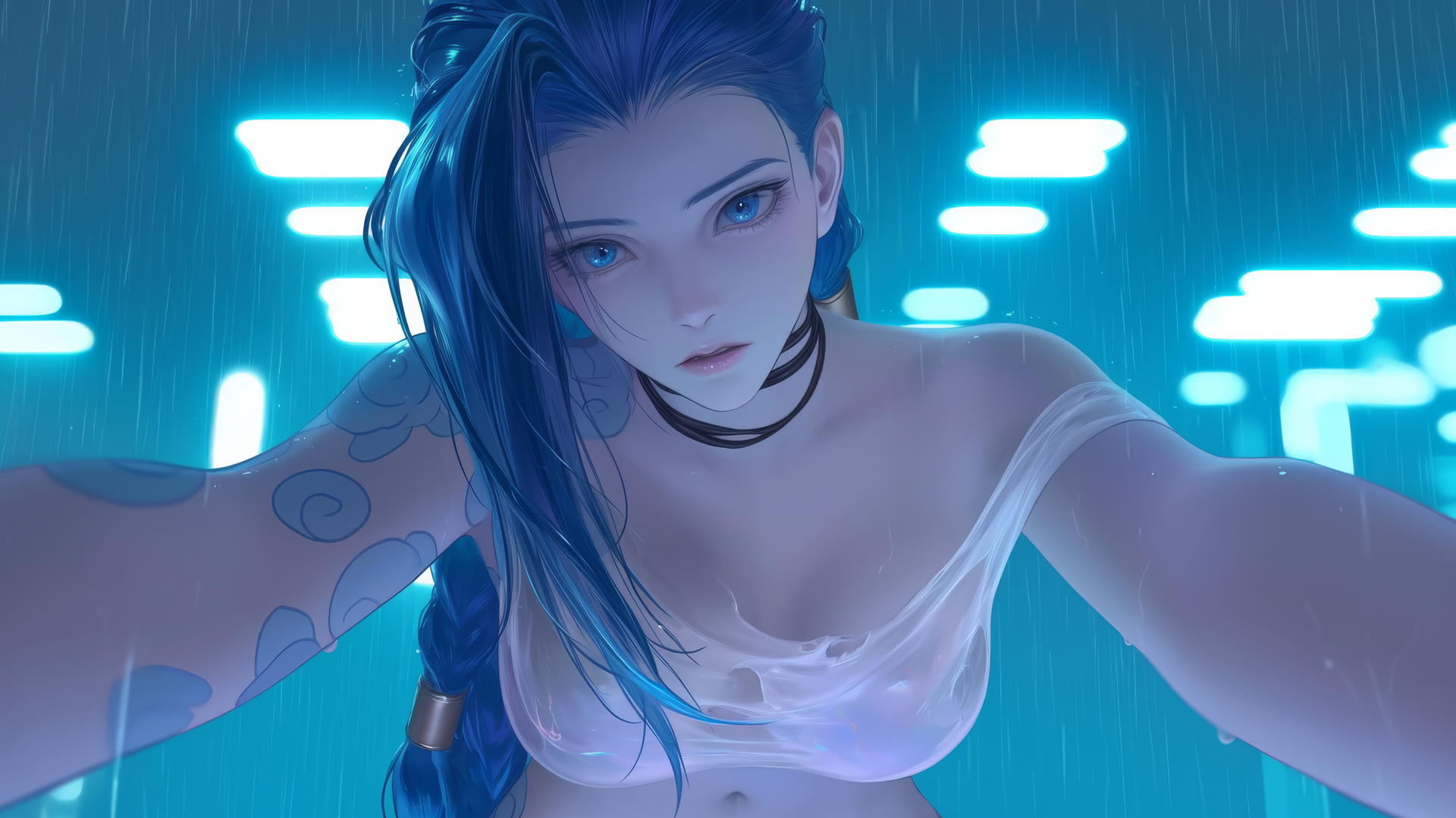 Jinx from League of Legends seen from below, wearing a broken white t-shirt, with a hotel ceiling background illuminated by neon light.
