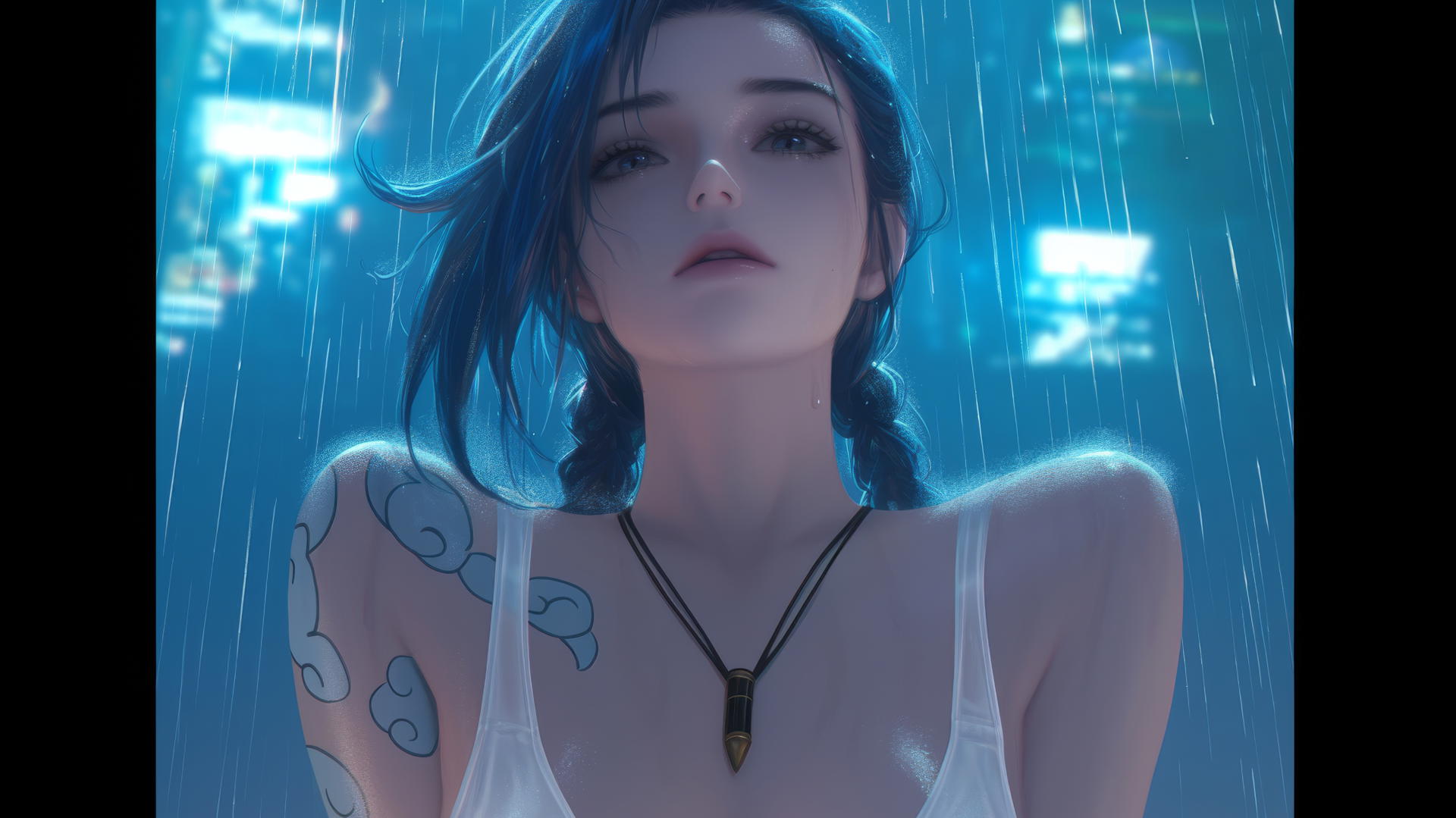 Jinx from League of Legends kneeling, looking down under neon-lit hotel ceiling