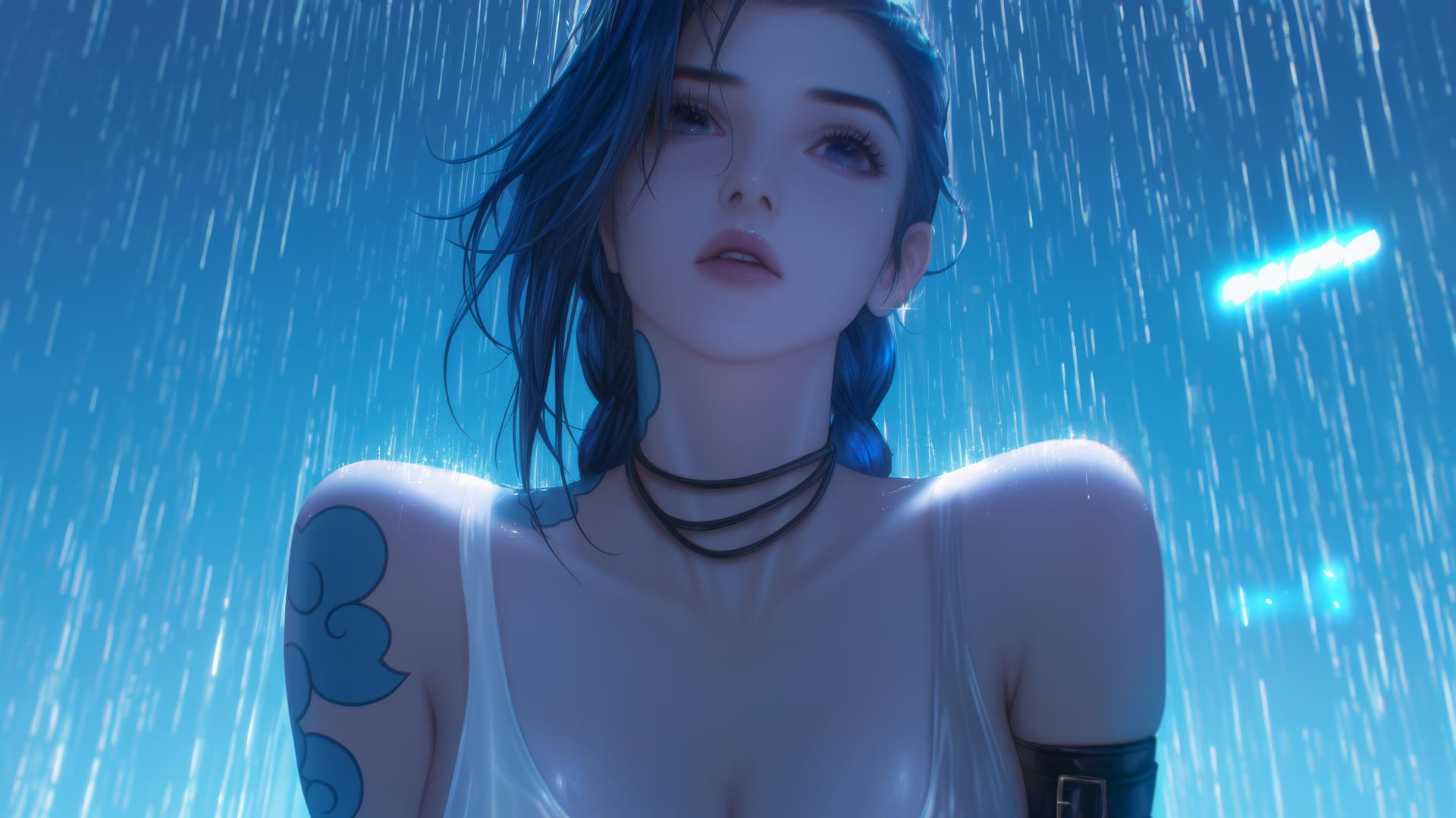 Jinx from League of Legends kneeling under neon-lit hotel ceiling, looking down