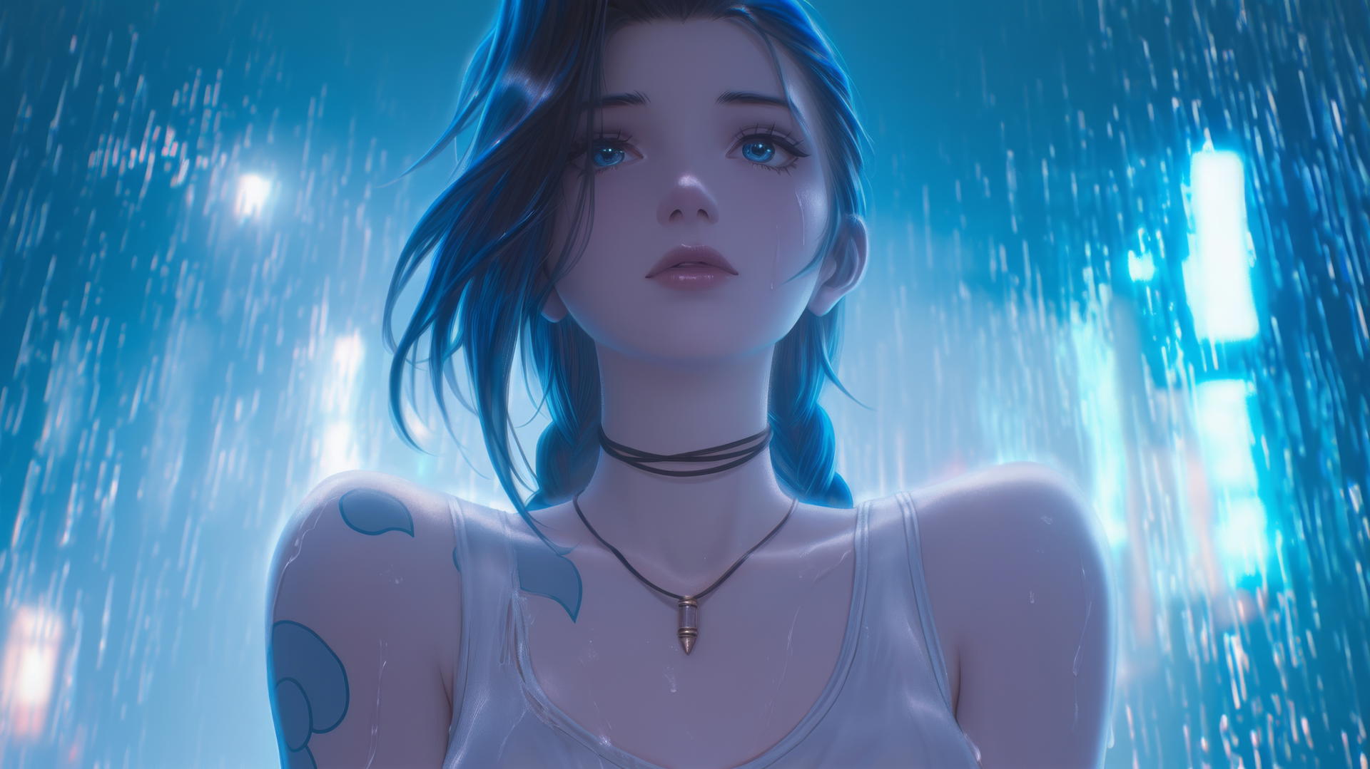Jinx from League of Legends leaning forward under a neon-lit hotel ceiling.