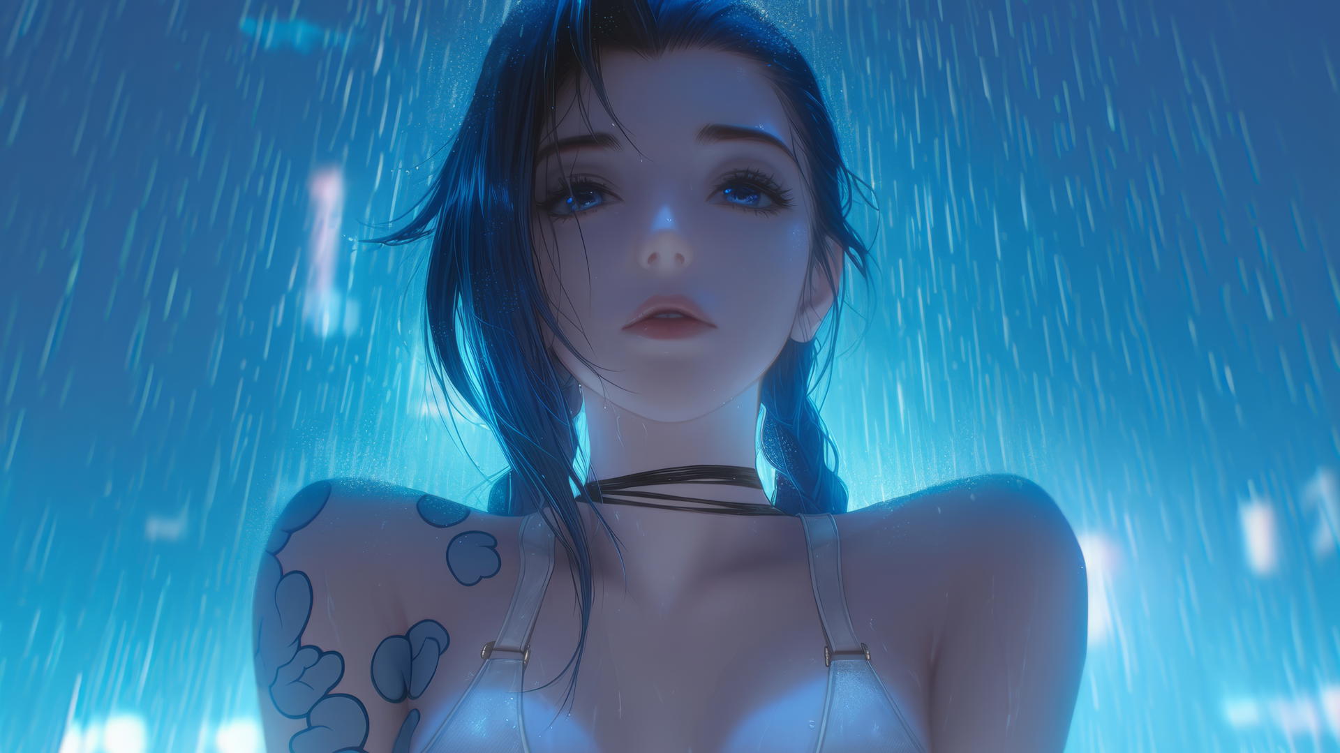 Jinx from League of Legends in a broken white t-shirt, kneeling under a hotel ceiling with neon rain light.