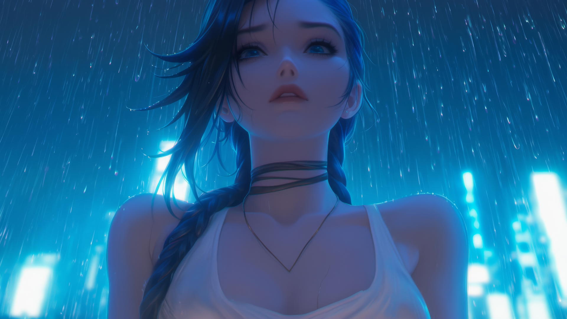 Jinx from League of Legends kneeling, looking down with neon-lit hotel ceiling in background