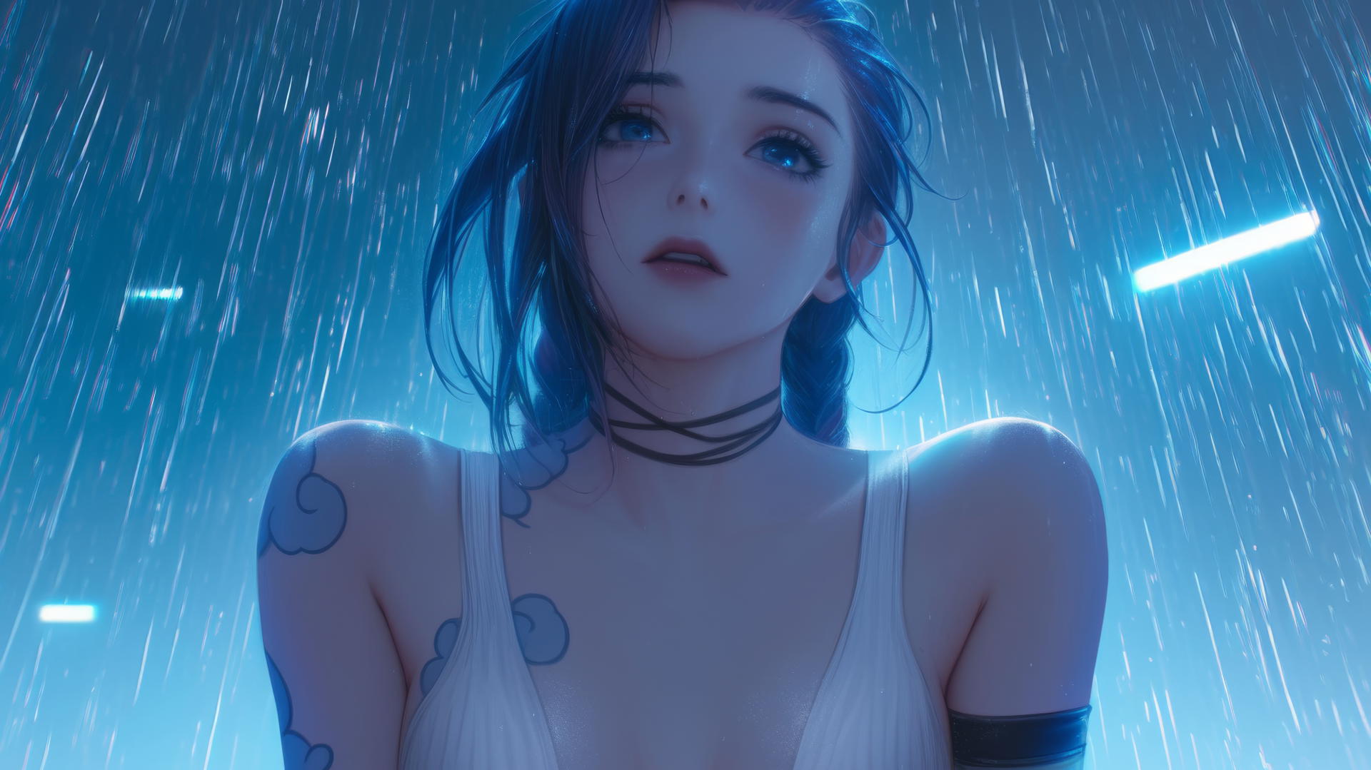 Jinx from League of Legends looking down, hotel ceiling in background with neon light.