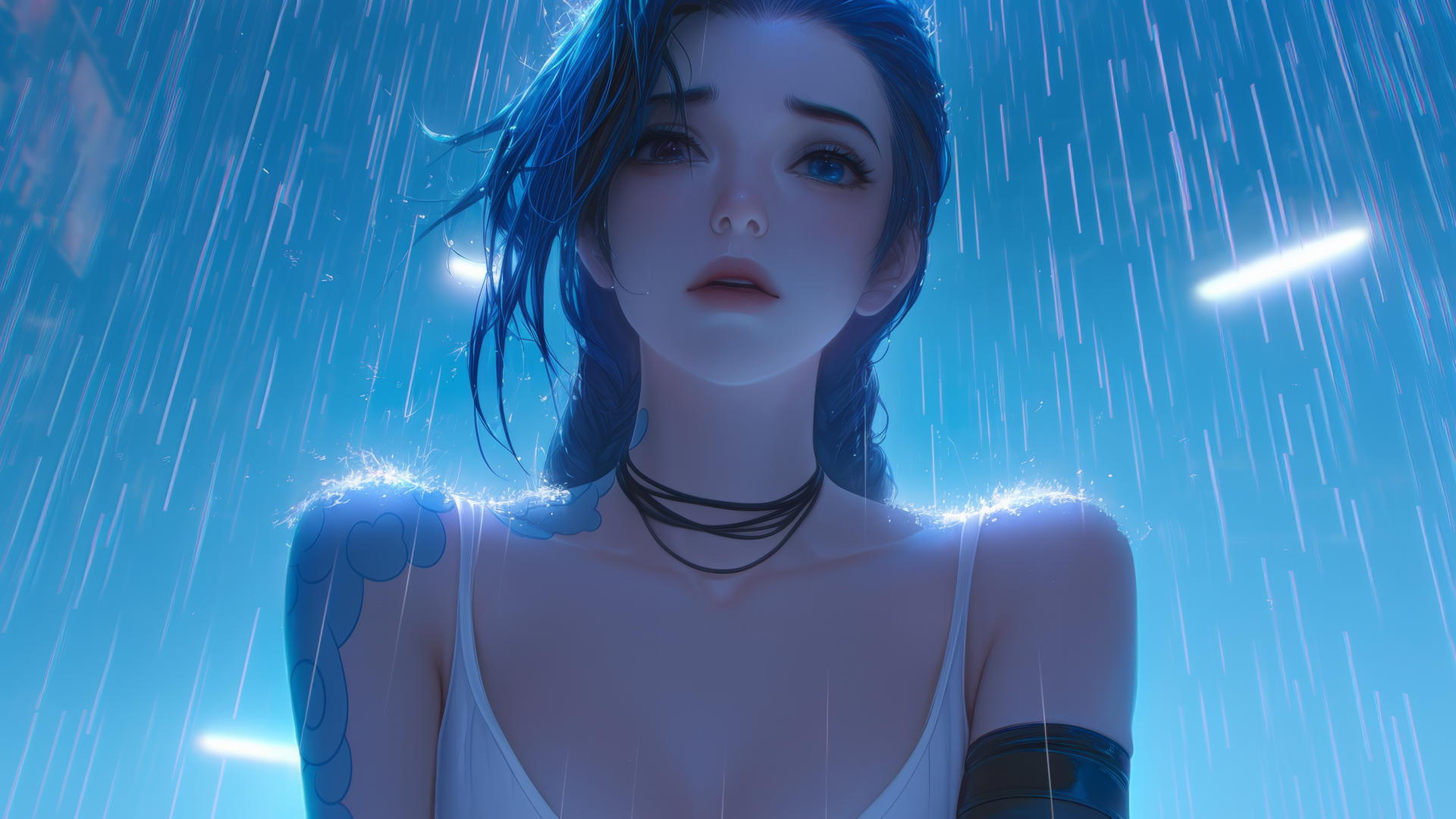 Jinx from League of Legends in a broken white T-shirt, under a neon-lit hotel ceiling, looking down