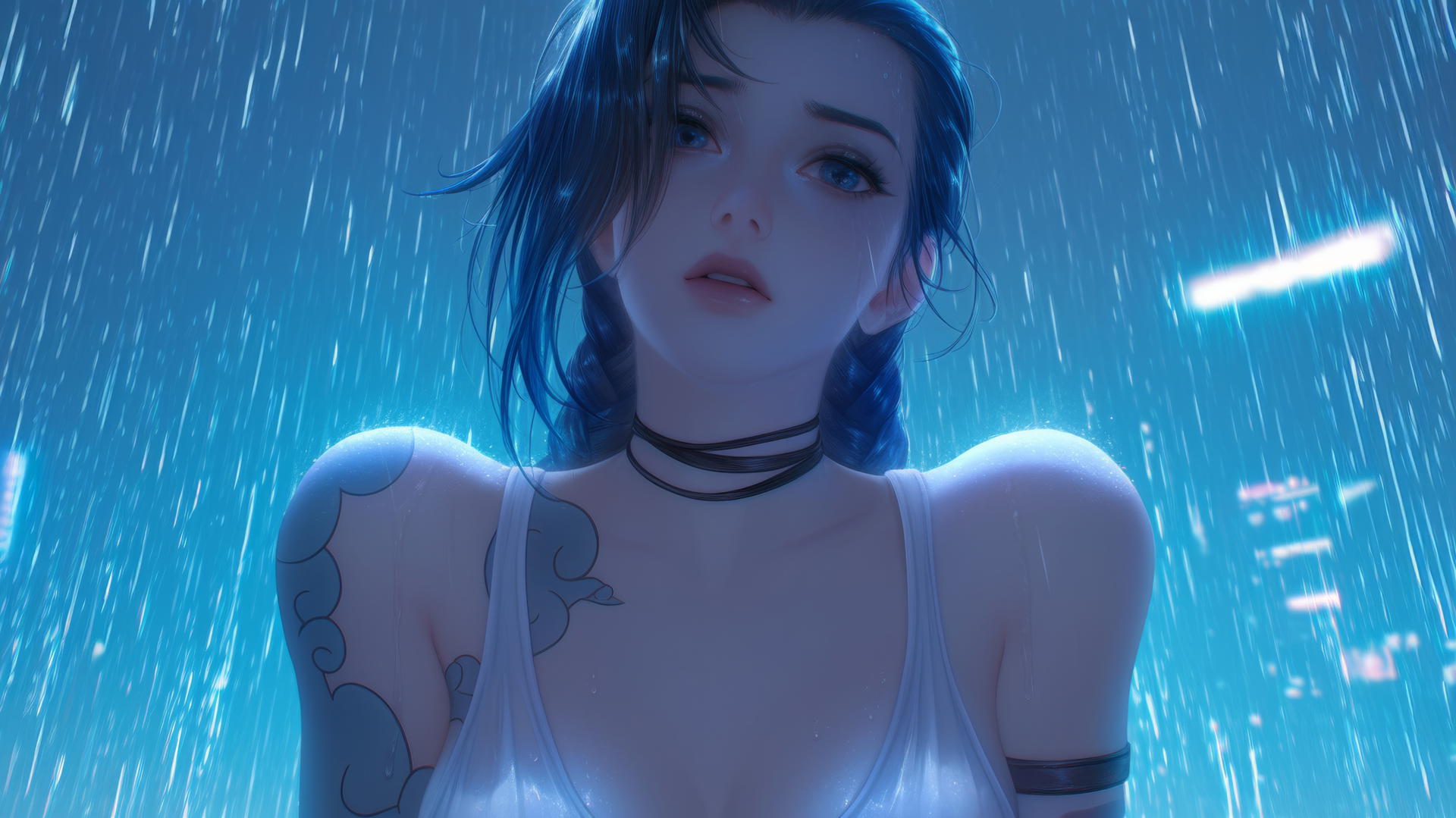Jinx from League of Legends kneeling and looking down with a hotel ceiling background.