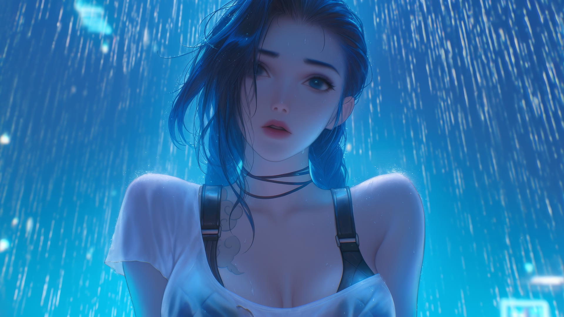 Jinx from League of Legends kneeling, neon-lit hotel ceiling, rainy atmosphere.