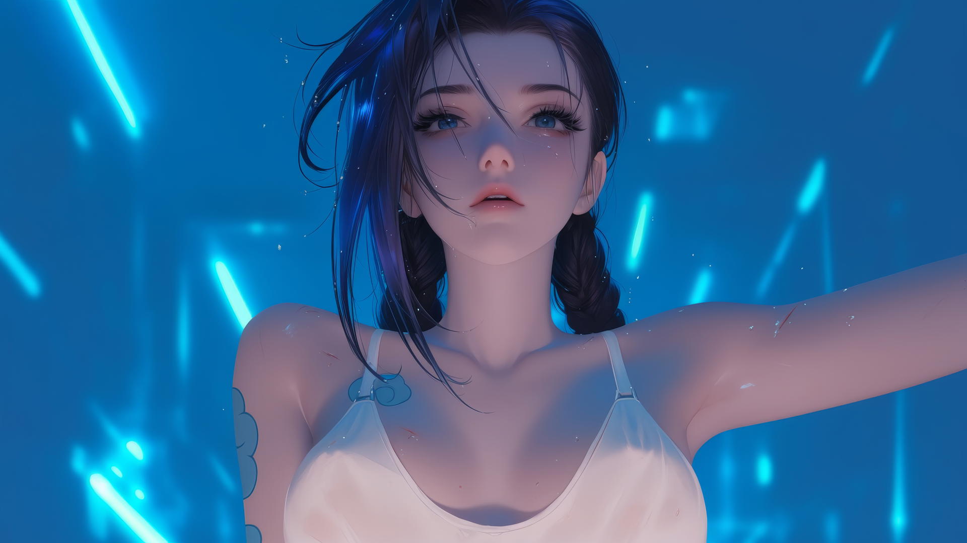 Jinx from League of Legends kneels, leaning downward in a broken white shirt, with neon light glow
