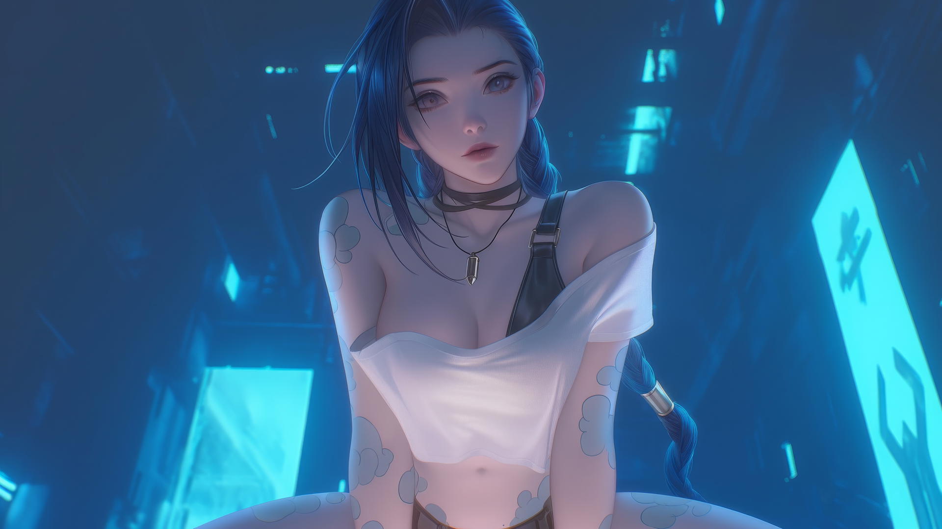 Jinx from League of Legends kneeling, wearing a broken white t-shirt, neon light glow.