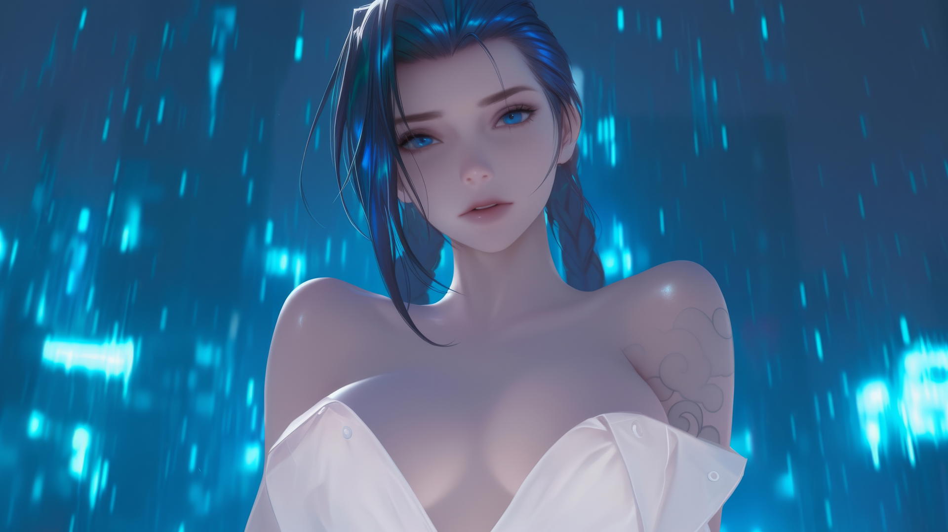 Jinx from League of Legends in a white office shirt, under a neon-lit hotel ceiling, kneeling and looking down.