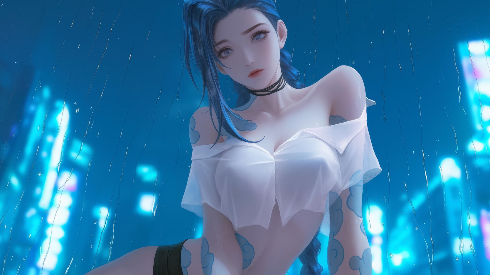 Jinx from League of Legends kneeling in broken white office shirt, neon-lit.