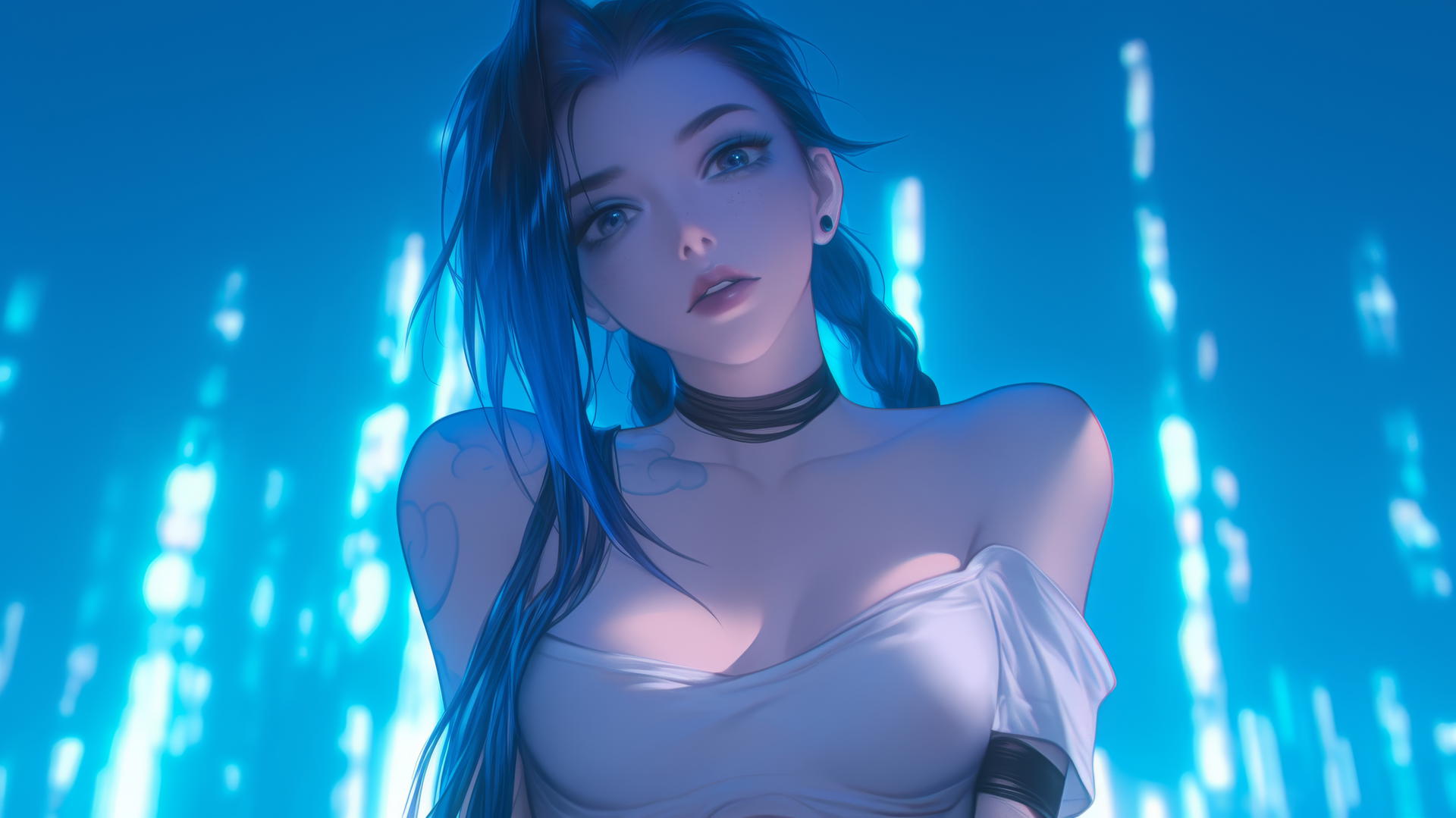 Jinx from League of Legends kneeling and leaning forward with neon-lit hotel ceiling in the background