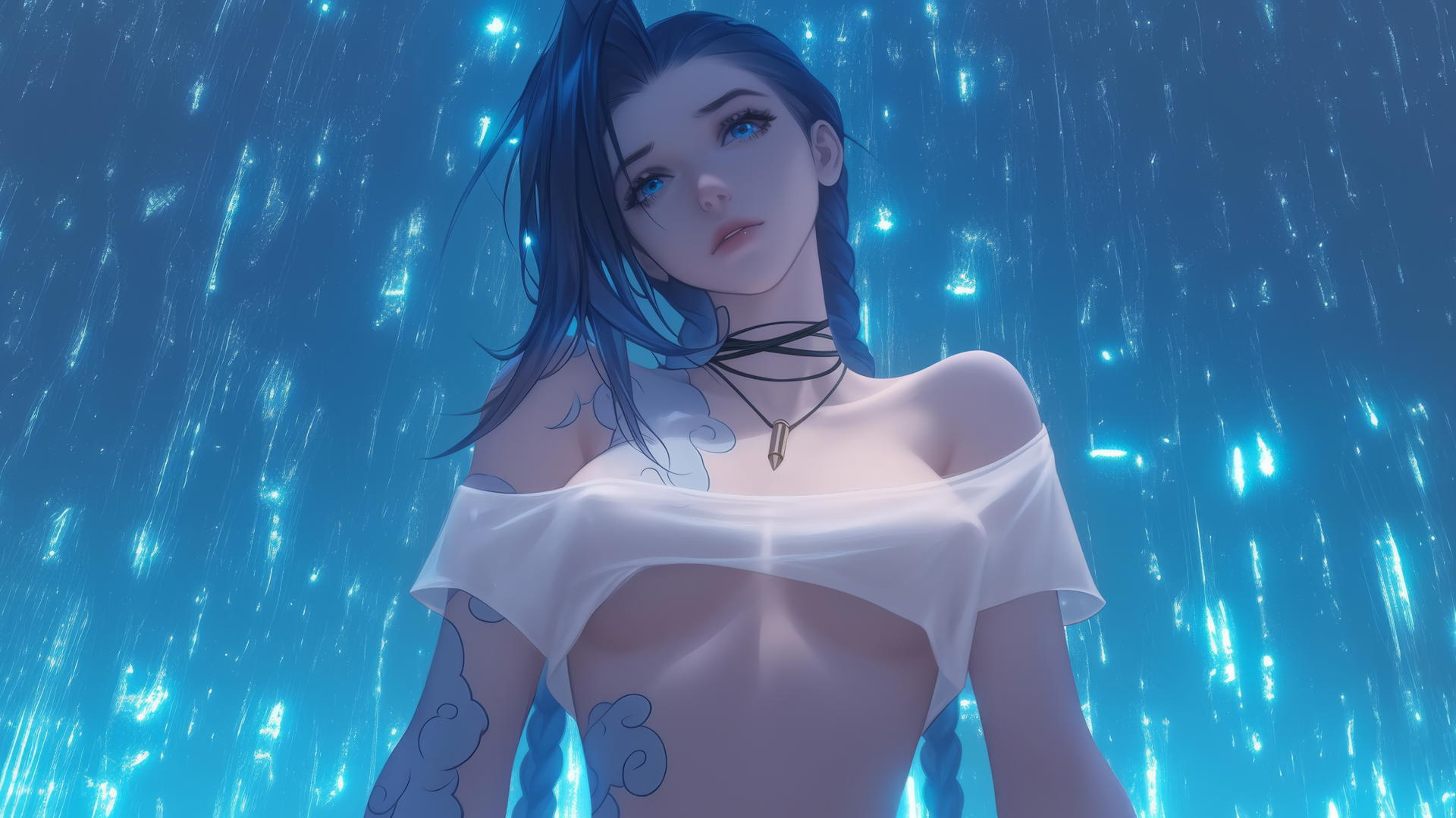 Jinx from League of Legends kneeling with neon light from a hotel ceiling