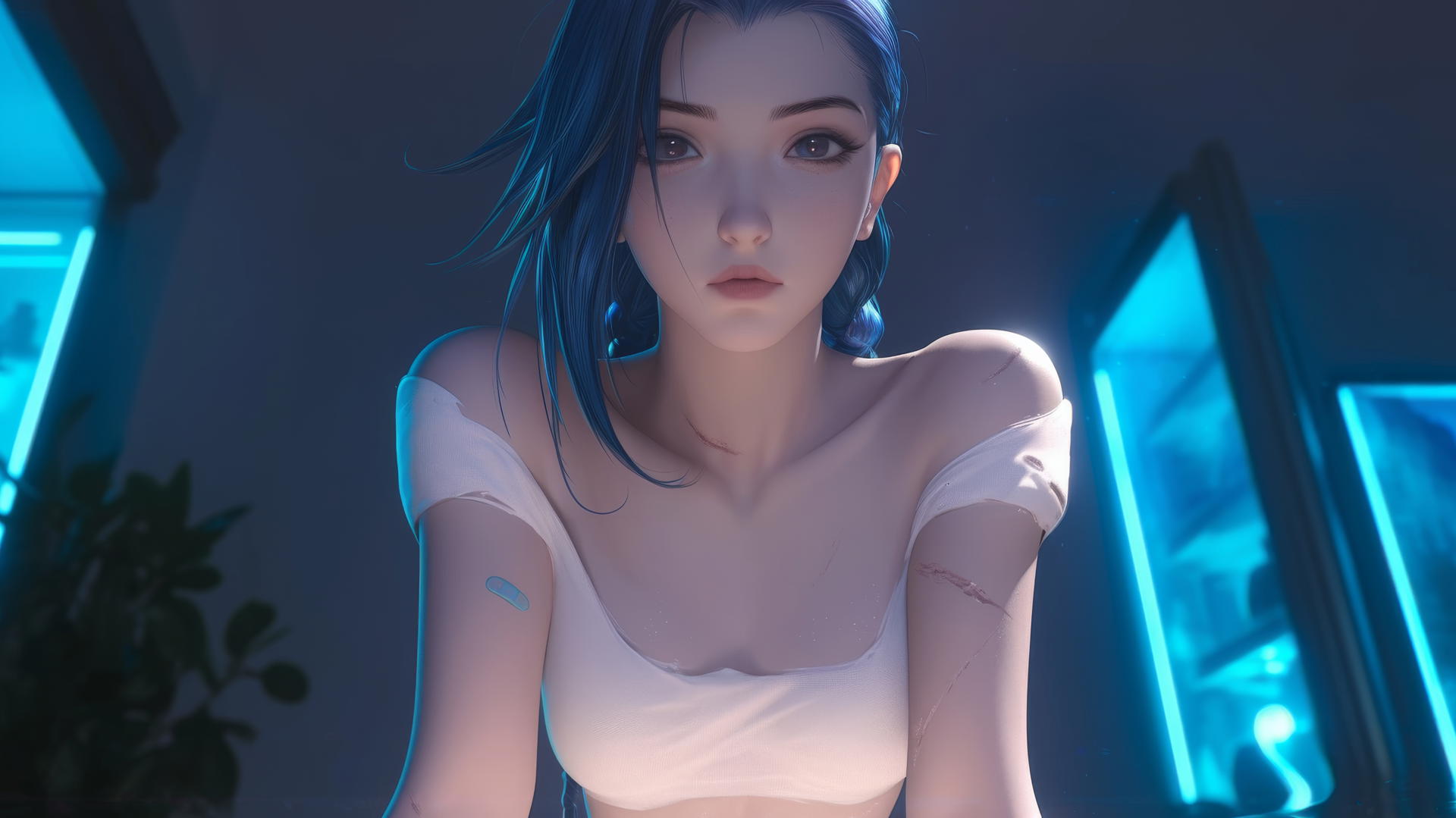 Jinx from League of Legends kneeling under a neon-lit ceiling, looking down.