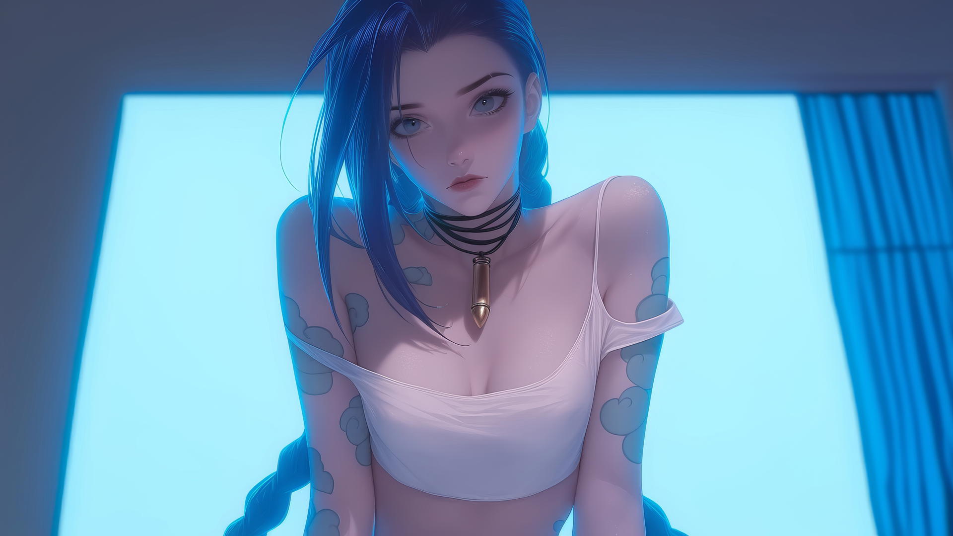 Jinx from League of Legends, kneeling and leaning forward, seen from below, with warm light and apartment ceiling in background.