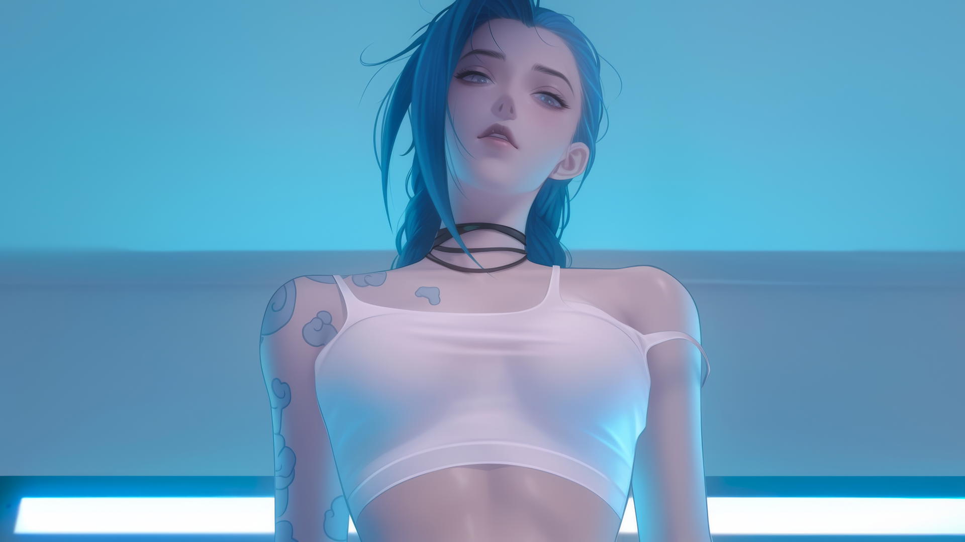 Jinx from League of Legends in broken white t-shirt kneeling with warm light