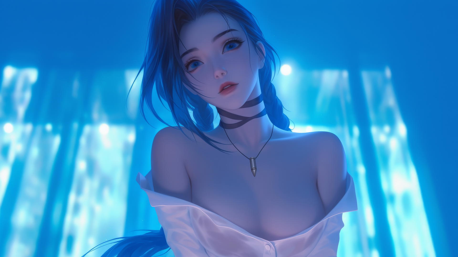 Jinx from League of Legends wearing a broken white shirt, kneeling and looking down with a hotel ceiling and neon light glow in the background.