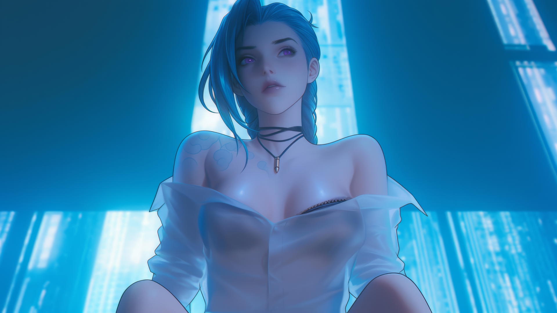 Jinx from League of Legends in a broken white office shirt, kneeling with hotel ceiling background.