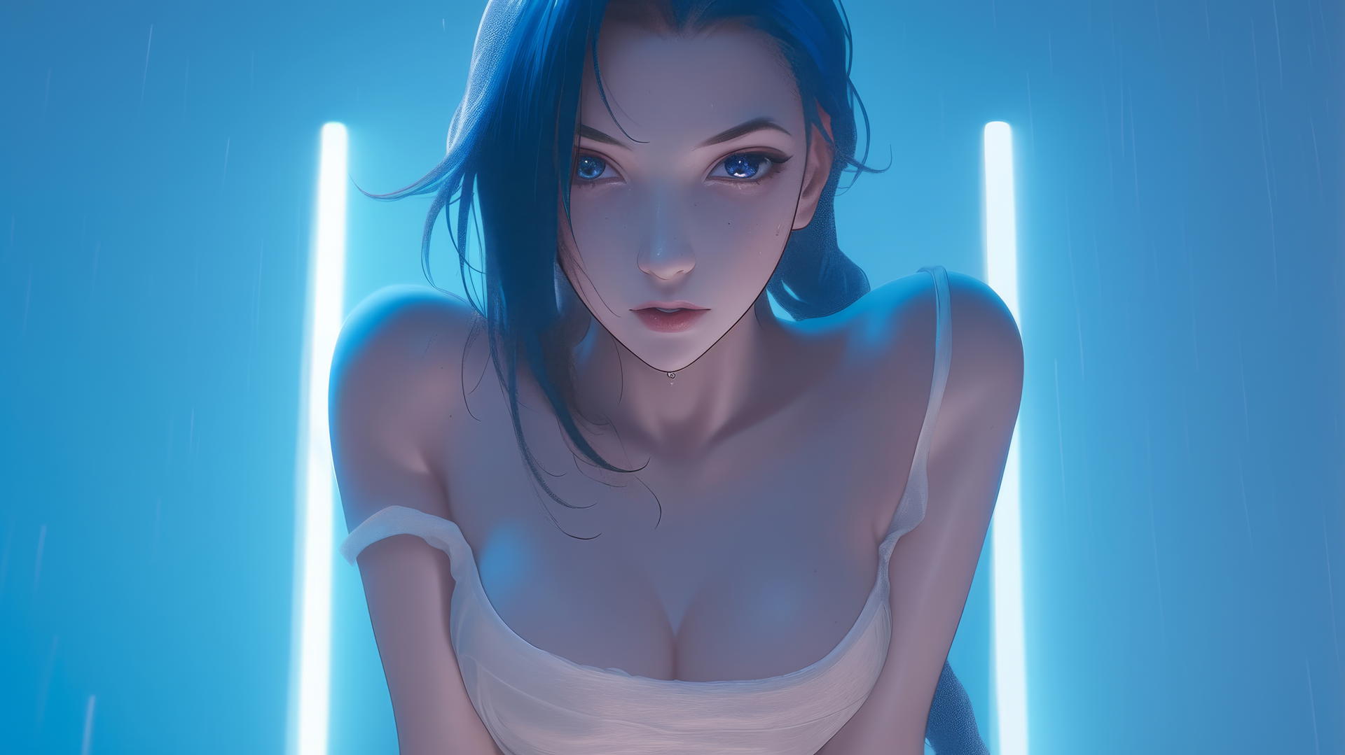 Jinx from League of Legends, seen from below, kneeling, with neon light glow