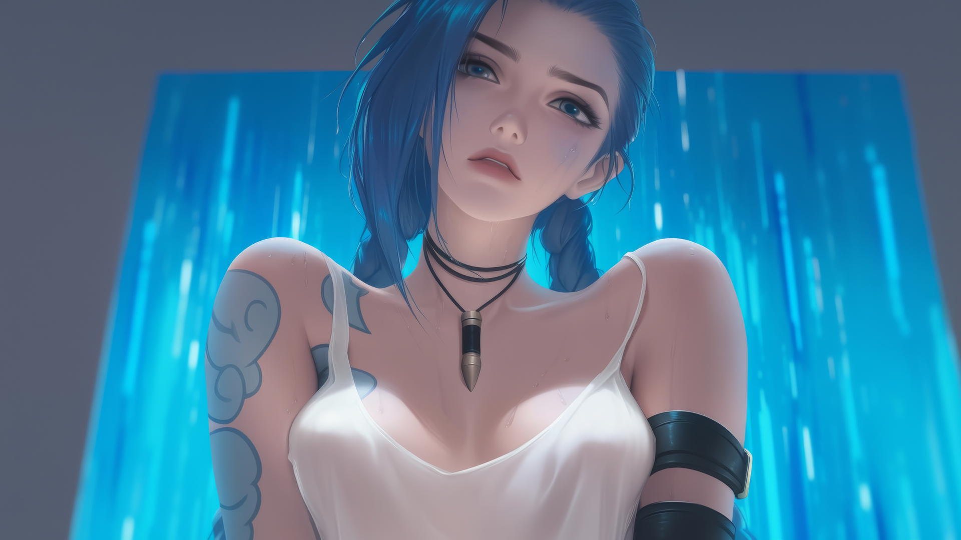 Jinx from League of Legends seen from below, wearing broken white t-shirt, in a warm light.