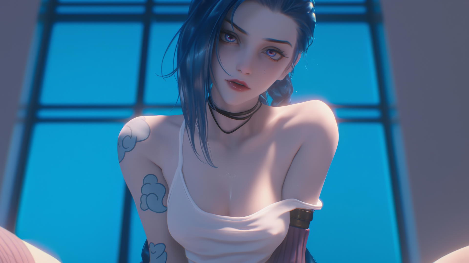 Jinx from League of Legends kneeling, seen from below, in a broken white t-shirt with an apartment ceiling background.