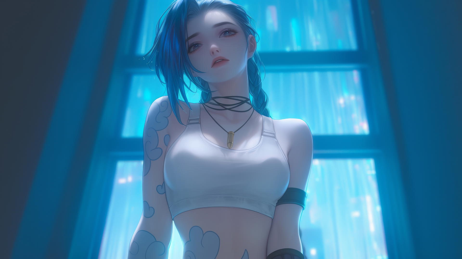 Jinx from League of Legends, kneeling and leaning forward in a broken white t-shirt, with an apartment ceiling in the background.