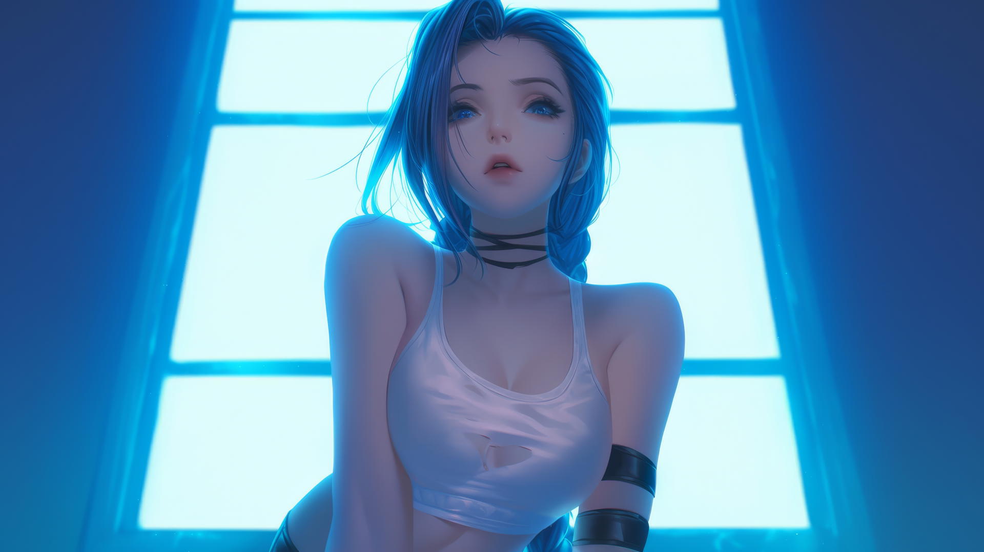 Jinx from League of Legends kneeling and leaning forward, wearing a broken white t-shirt, with an apartment ceiling backdrop.
