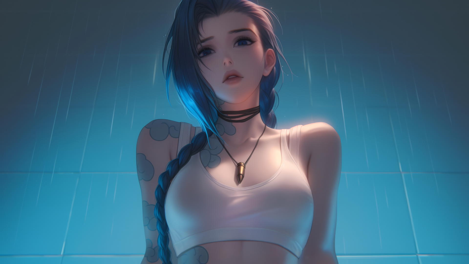 Jinx from League of Legends leaning toward viewer with warm light and apartment ceiling in background