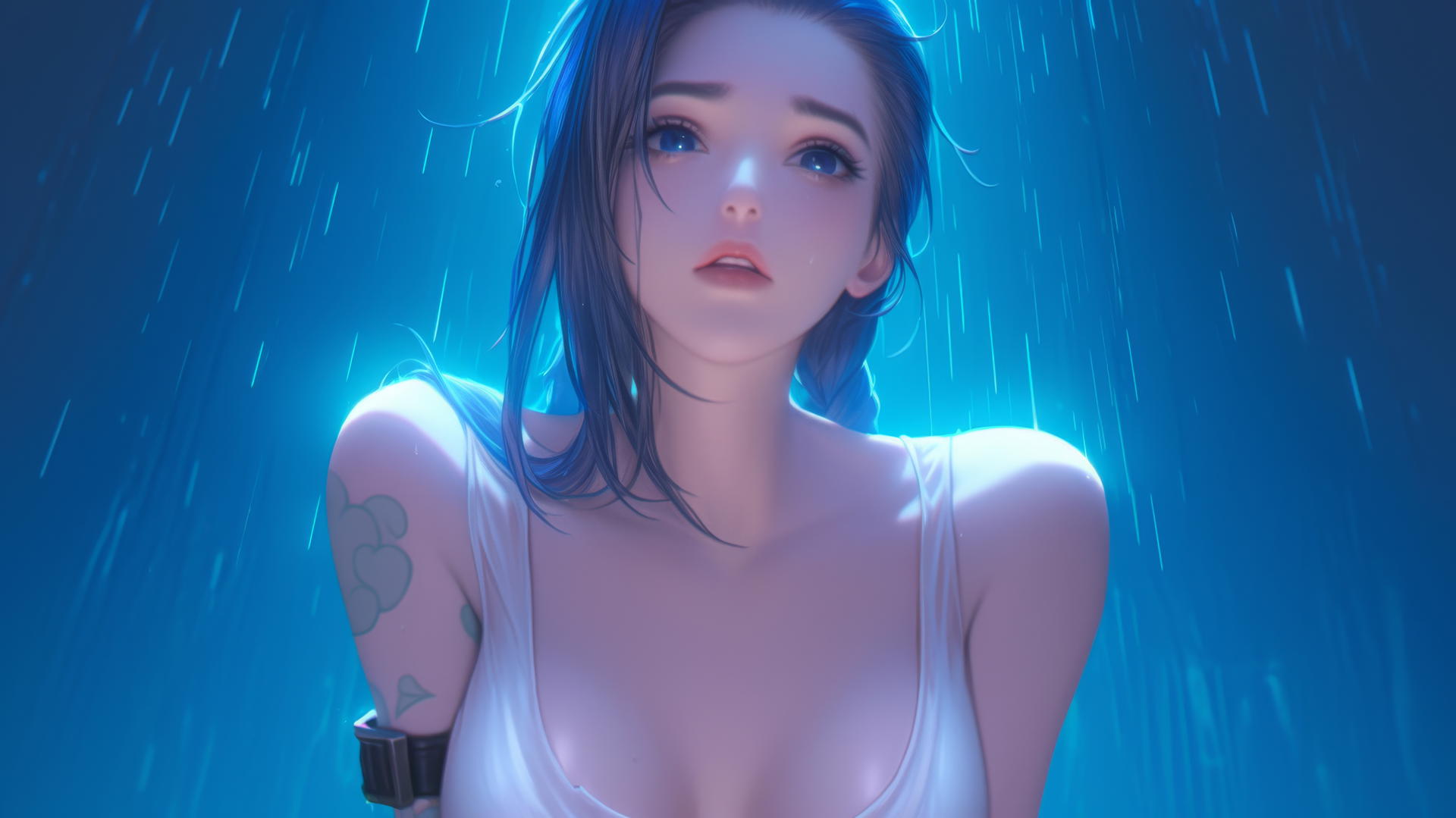 Jinx from League of Legends kneeling and looking down with warm light and ceiling background
