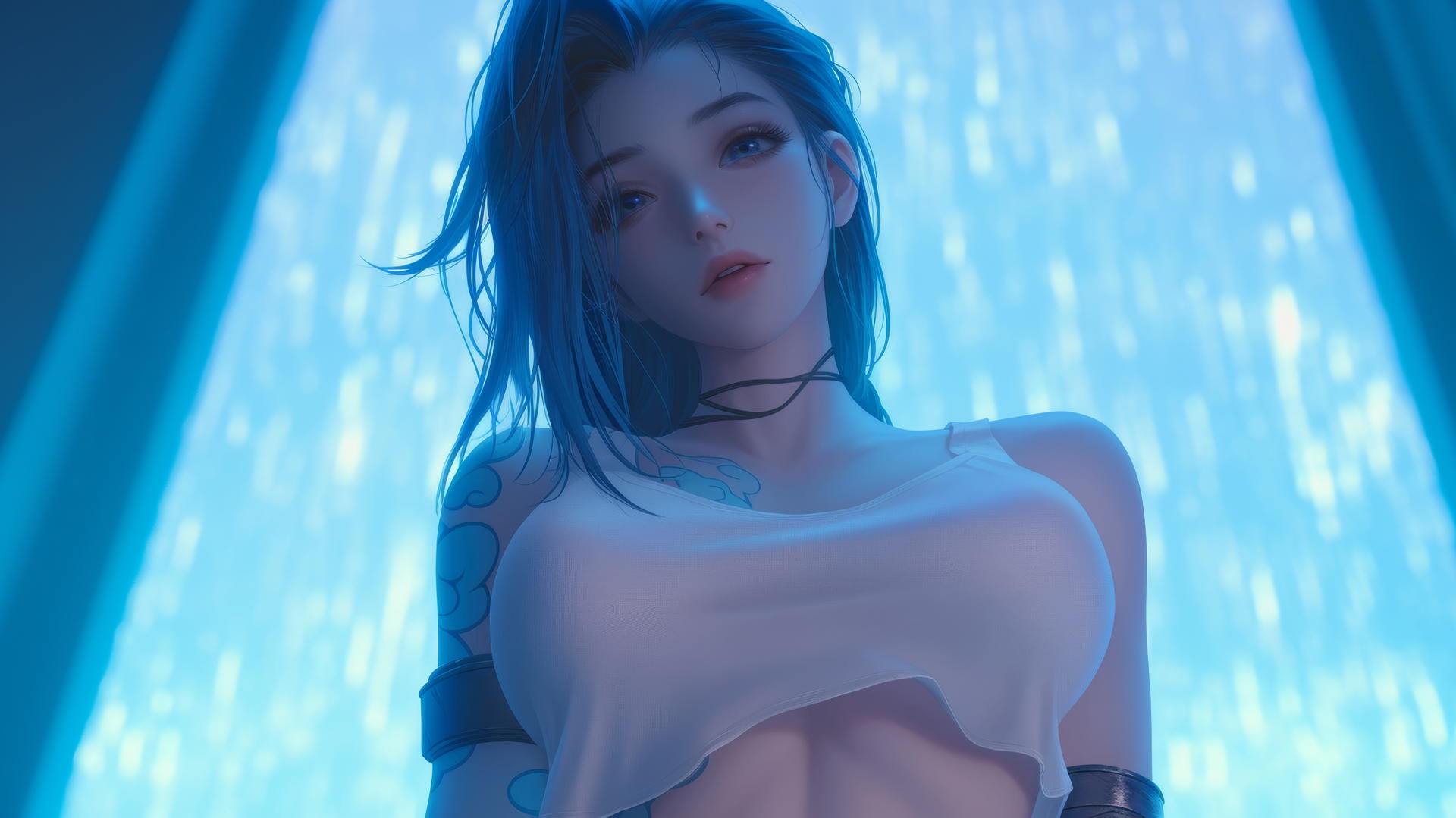 Jinx from League of Legends wearing a white t-shirt, seen from below with an apartment ceiling background.