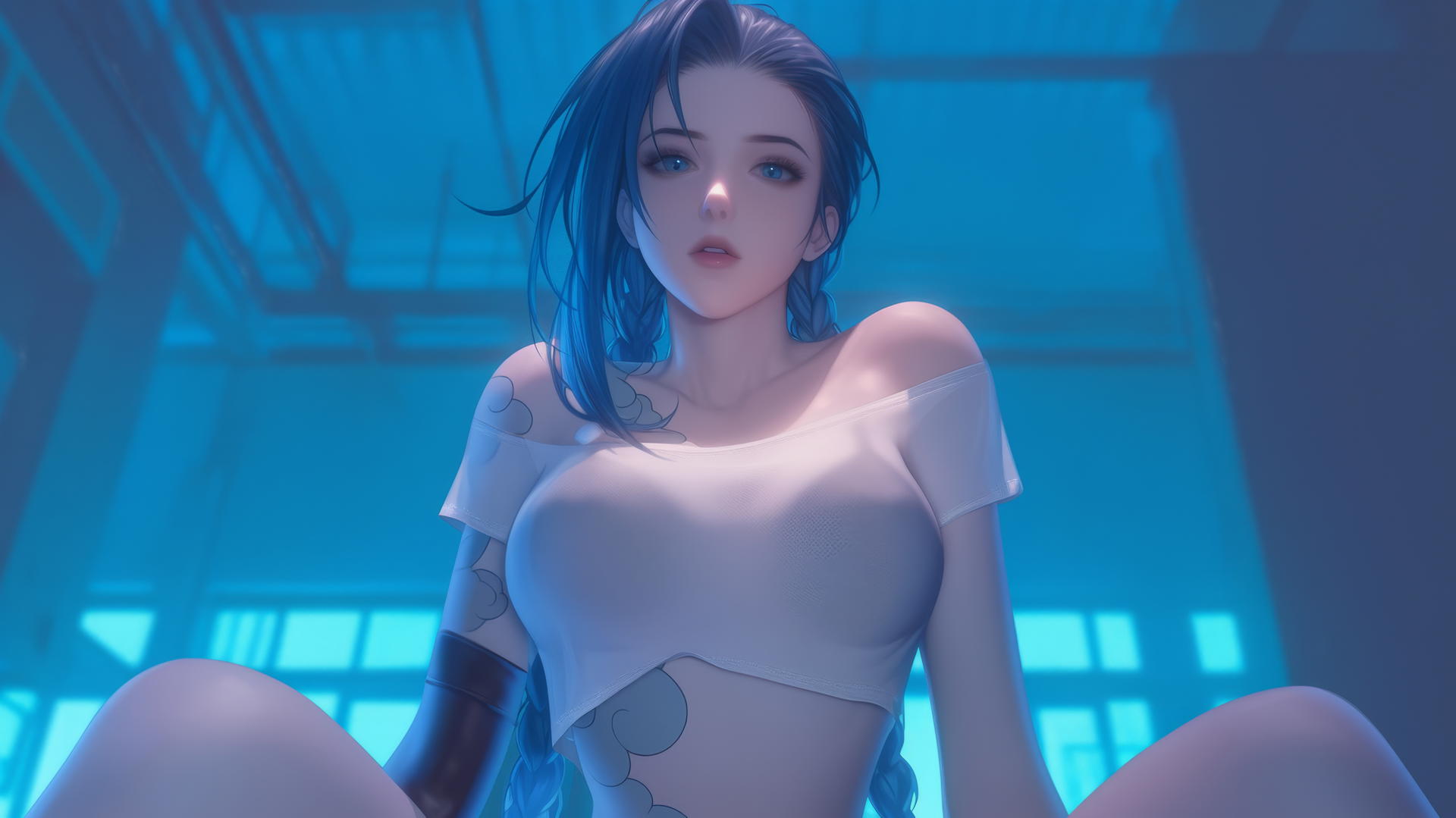 Jinx from League of Legends in a broken white t-shirt, kneeling, with an apartment ceiling in the background.
